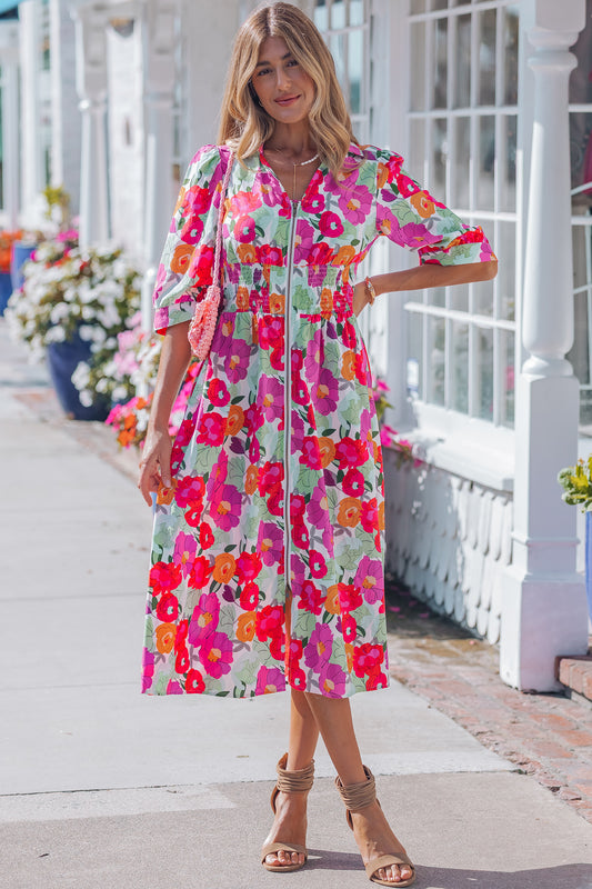 Rose Vibrant Floral Print V Neck Zip Up Puffy Half Sleeve Dress-Dresses/Floral Dresses-[Adult]-[Female]-Rose-S-2022 Online Blue Zone Planet