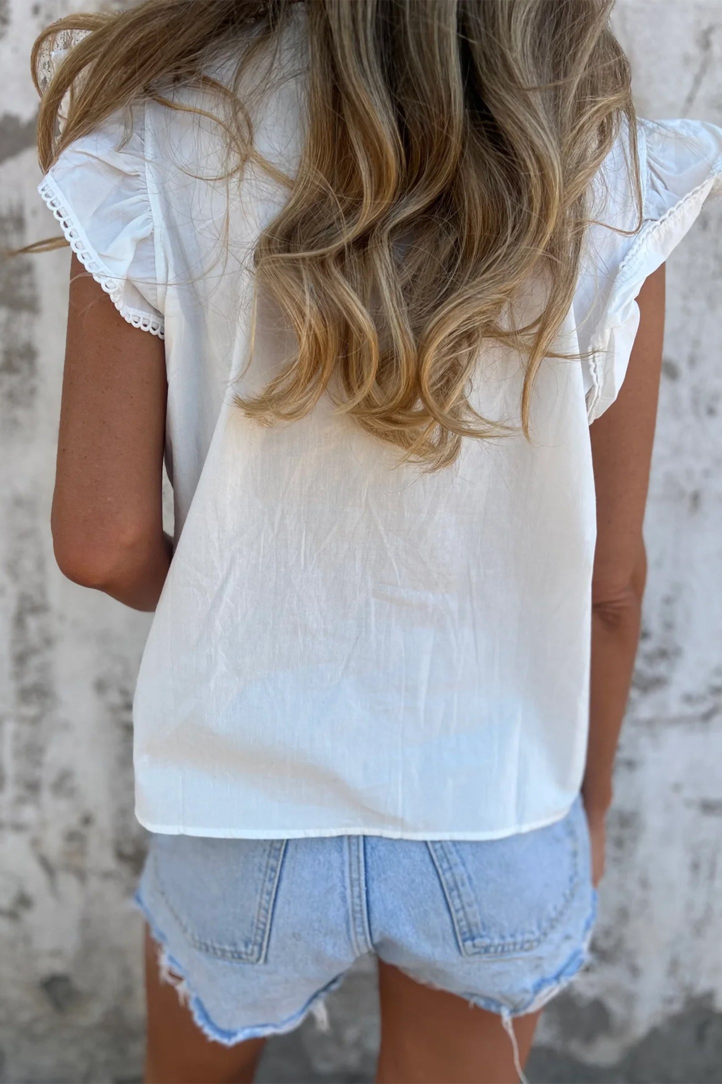 White Lace Detail Flutter Sleeve Pleated Round Neck Blouse-Tops/Blouses & Shirts-[Adult]-[Female]-2022 Online Blue Zone Planet