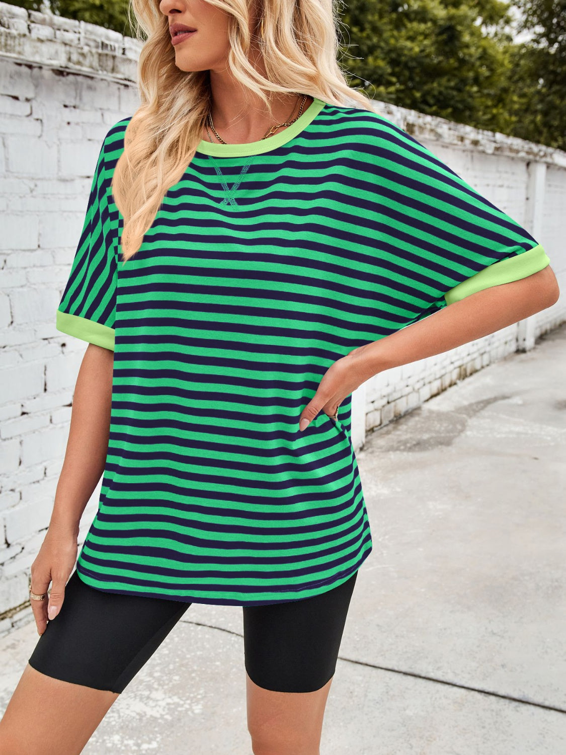 Lovelet Striped Round Neck Half Sleeve T-Shirt-TOPS / DRESSES-[Adult]-[Female]-2022 Online Blue Zone Planet