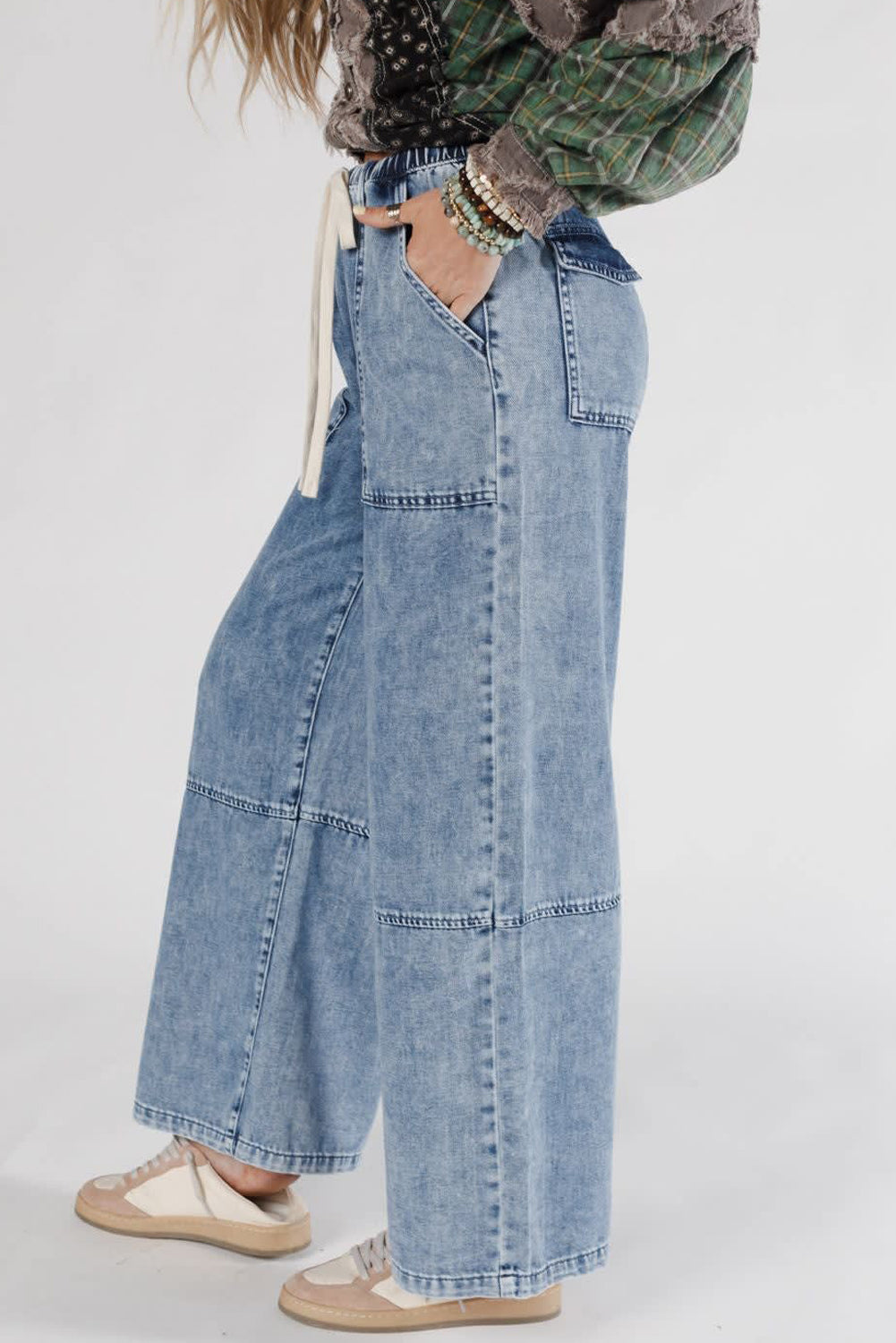 Ashleigh Blue Acid Wash Exposed Seam Drawstring High Waist Jeans-Bottoms/Jeans-[Adult]-[Female]-2022 Online Blue Zone Planet