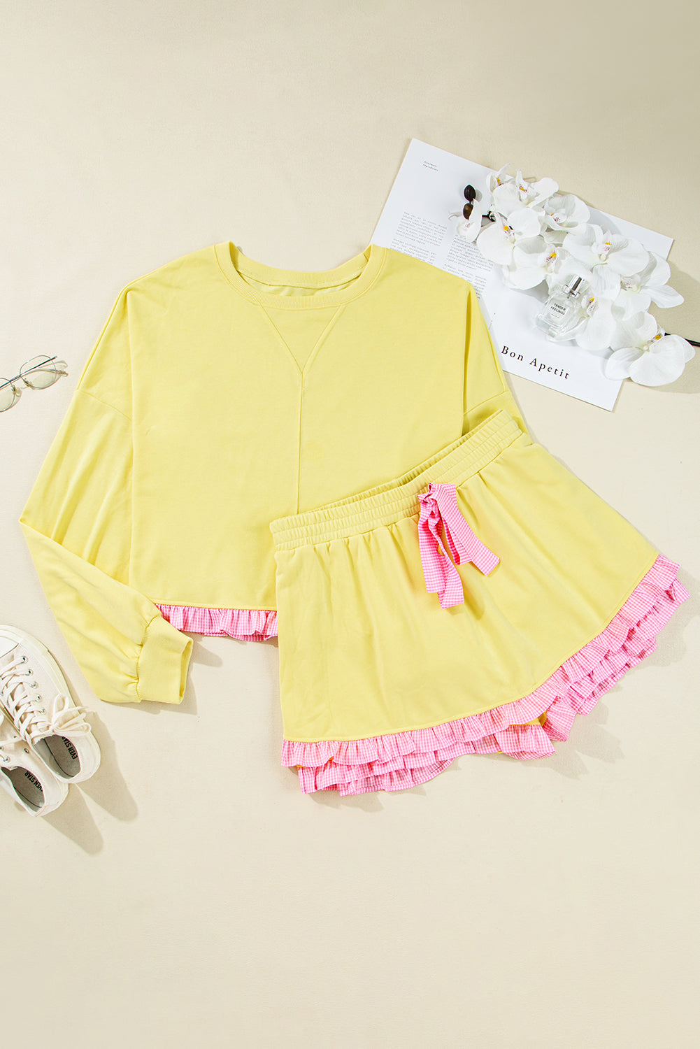 Yellow Contrast Plaid Ruffle Patchwork Pullover Top and Shorts Plus Size Set-Plus Size/Plus Size Loungewear-[Adult]-[Female]-2022 Online Blue Zone Planet