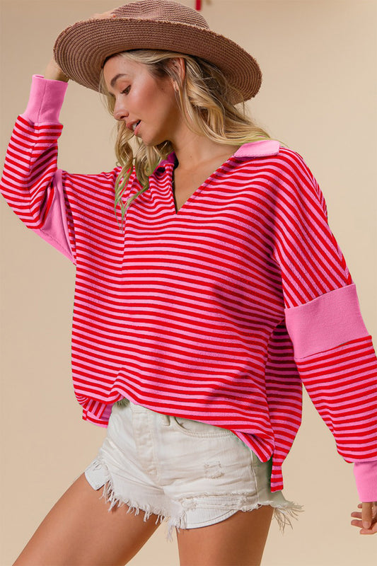 BiBi Striped Contrast Long Sleeve Knit Top-TOPS / DRESSES-[Adult]-[Female]-Pink-S-2022 Online Blue Zone Planet