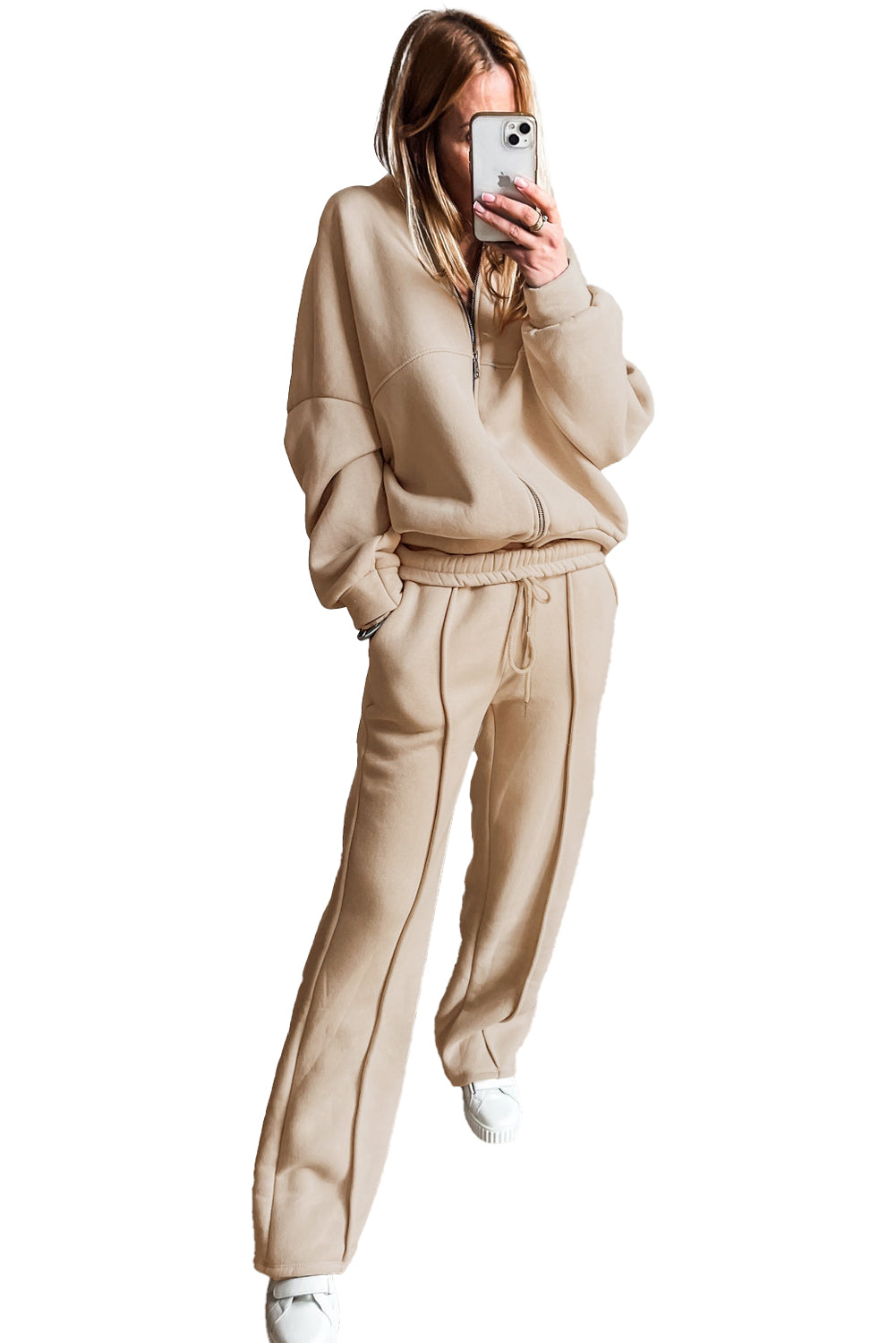 Apricot Seamed Zipper Jacket and Drawstring Waist Pants Set-Two Piece Pants Sets-[Adult]-[Female]-2022 Online Blue Zone Planet