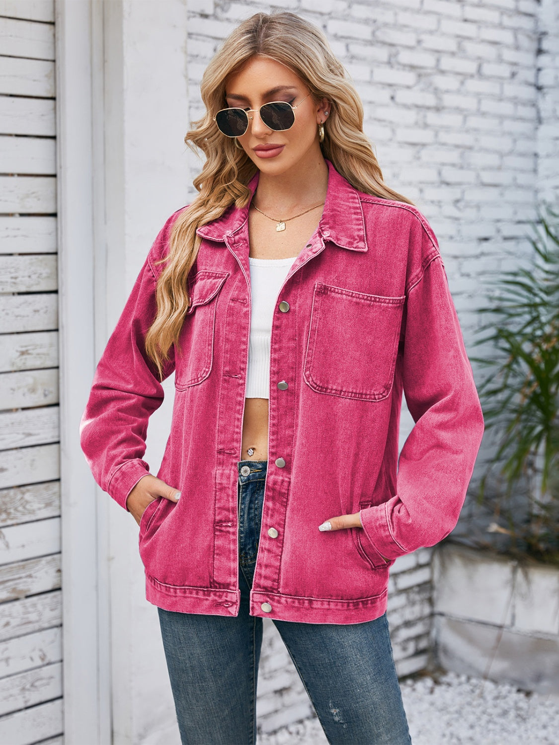 Pocketd Button Up Detachable Hooded Denim Jacket-TOPS / DRESSES-[Adult]-[Female]-Hot Pink-S-2022 Online Blue Zone Planet