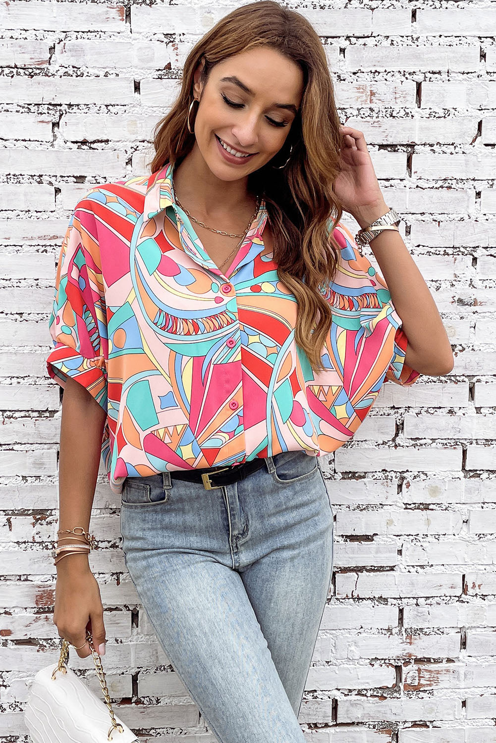 Multicolor Abstract Geometry Print Half Puff Sleeve Loose Shirt-Sale (50% OFF)/50% OFF-[Adult]-[Female]-2022 Online Blue Zone Planet