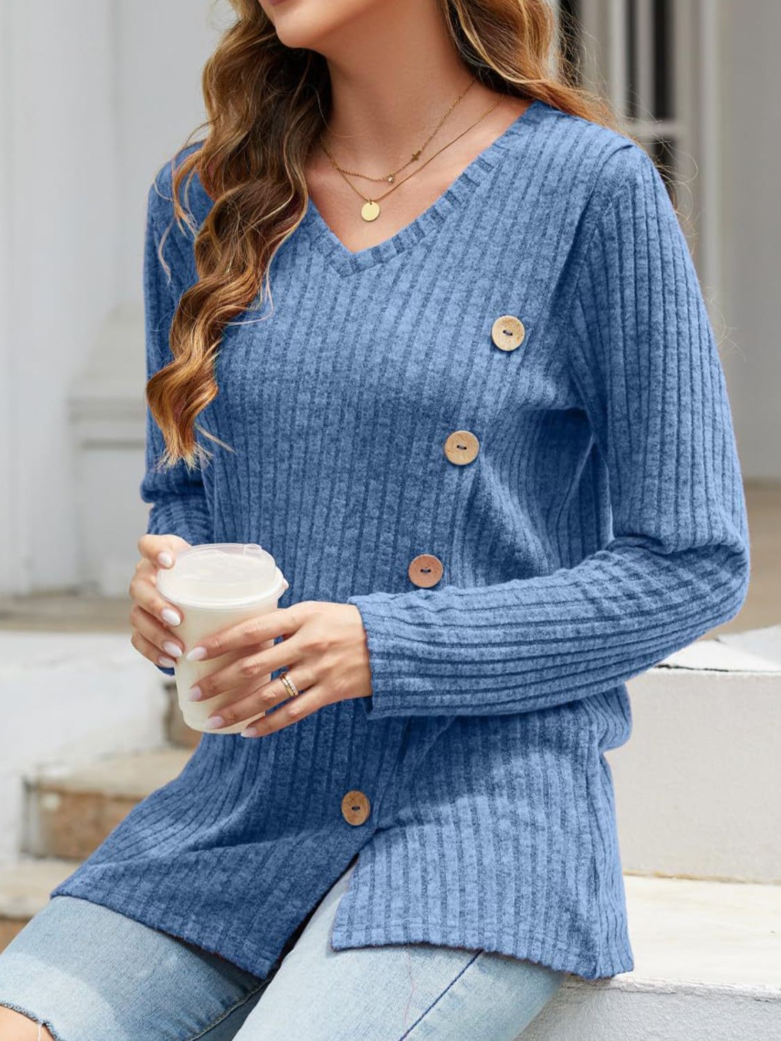 V-Neck Long Sleeve T-Shirt-TOPS / DRESSES-[Adult]-[Female]-2022 Online Blue Zone Planet