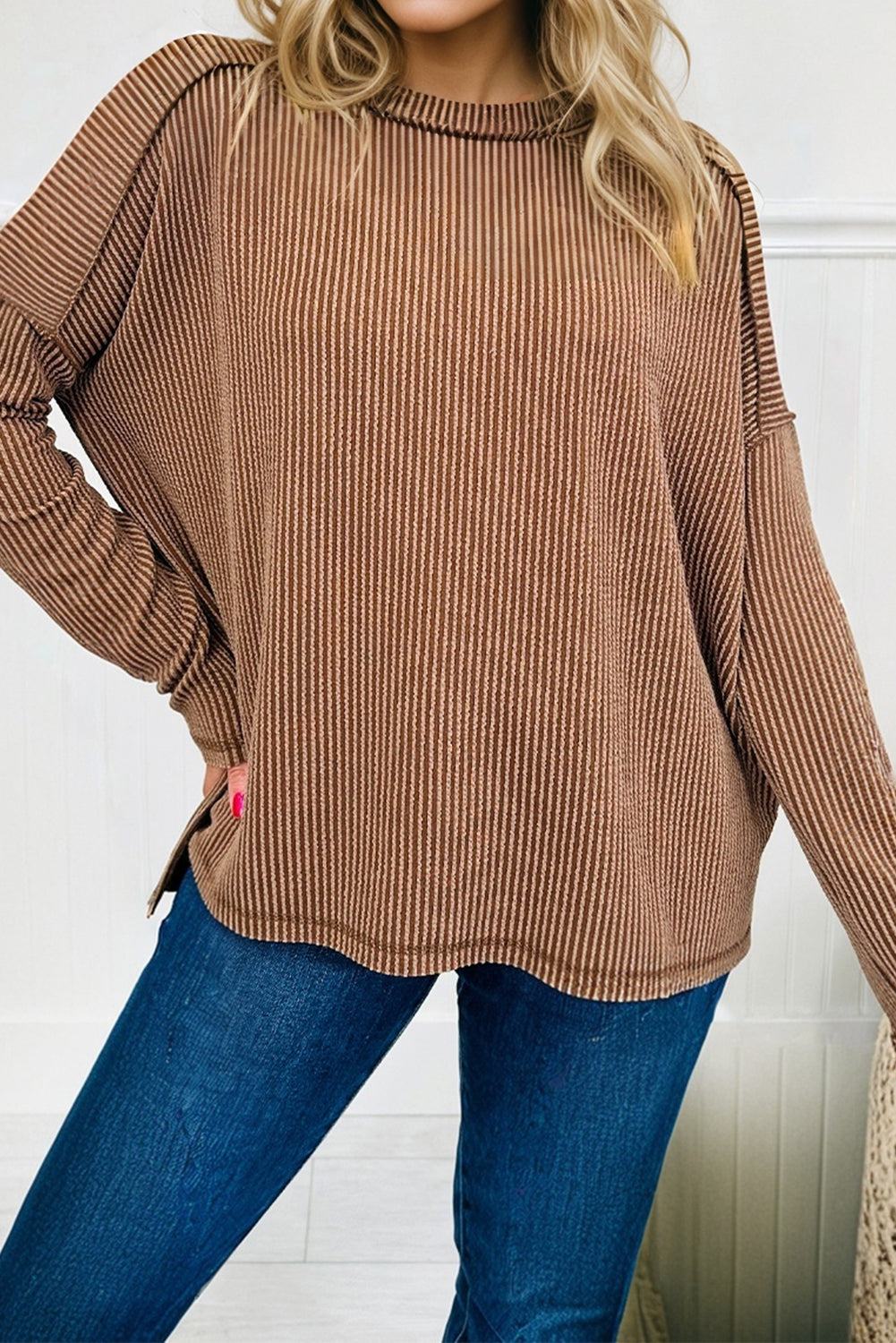 Dark Khaki Twist Ribbed Exposed Seam Detail Long Sleeve Loose Top-Tops/Long Sleeve Tops-[Adult]-[Female]-2022 Online Blue Zone Planet
