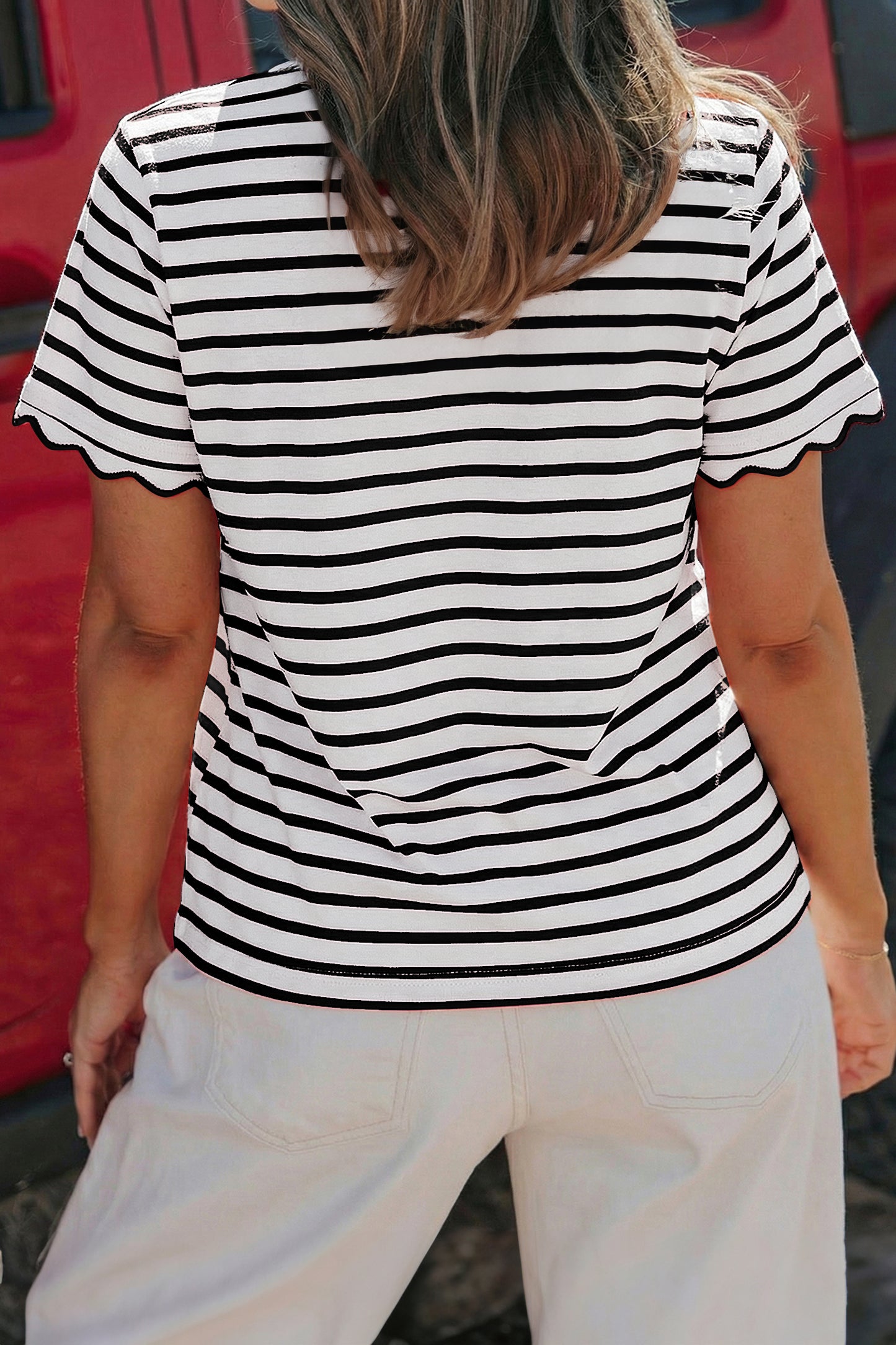 Black Stripe Scalloped Trim Round Neck T Shirt-Tops/Tops & Tees-[Adult]-[Female]-2022 Online Blue Zone Planet