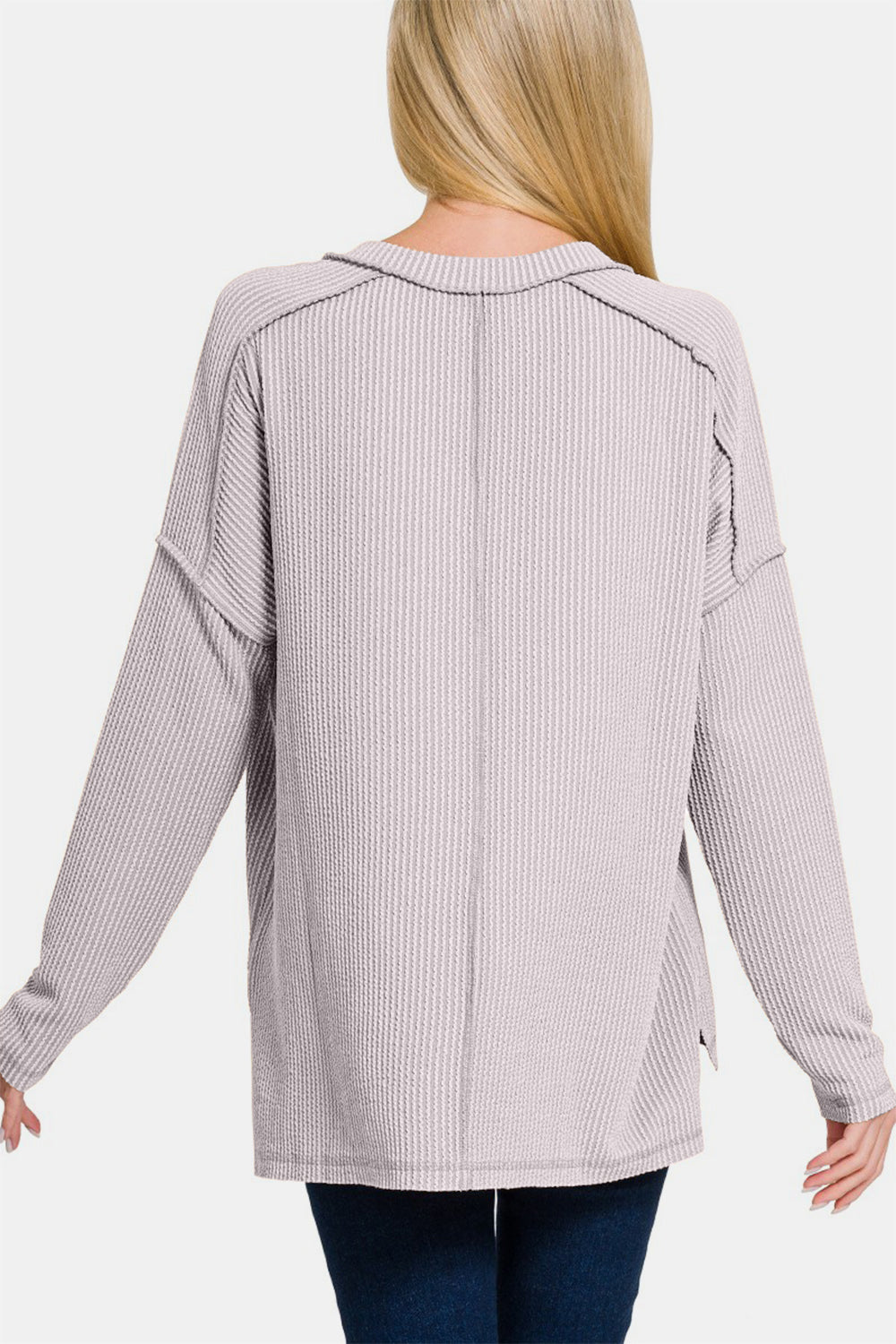 Zenana Texture Exposed Seam V-Neck Long Sleeve T-Shirt-TOPS / DRESSES-[Adult]-[Female]-2022 Online Blue Zone Planet