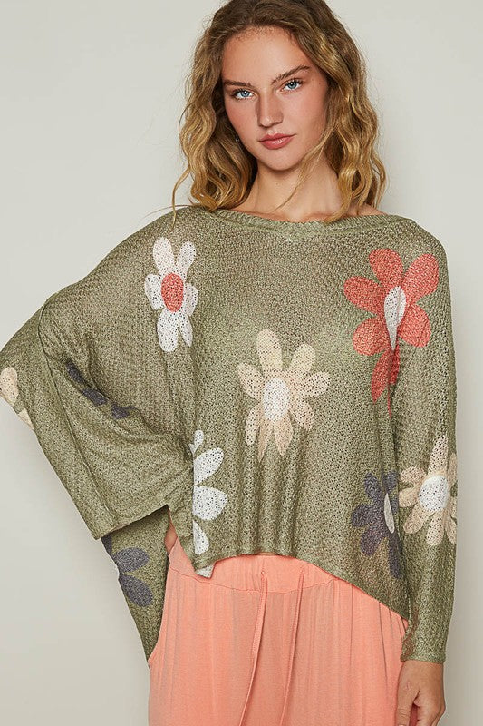 POL Flower Dropped Shoulder Long Sleeve Knit Top-TOPS / DRESSES-[Adult]-[Female]-Olive-S-2022 Online Blue Zone Planet