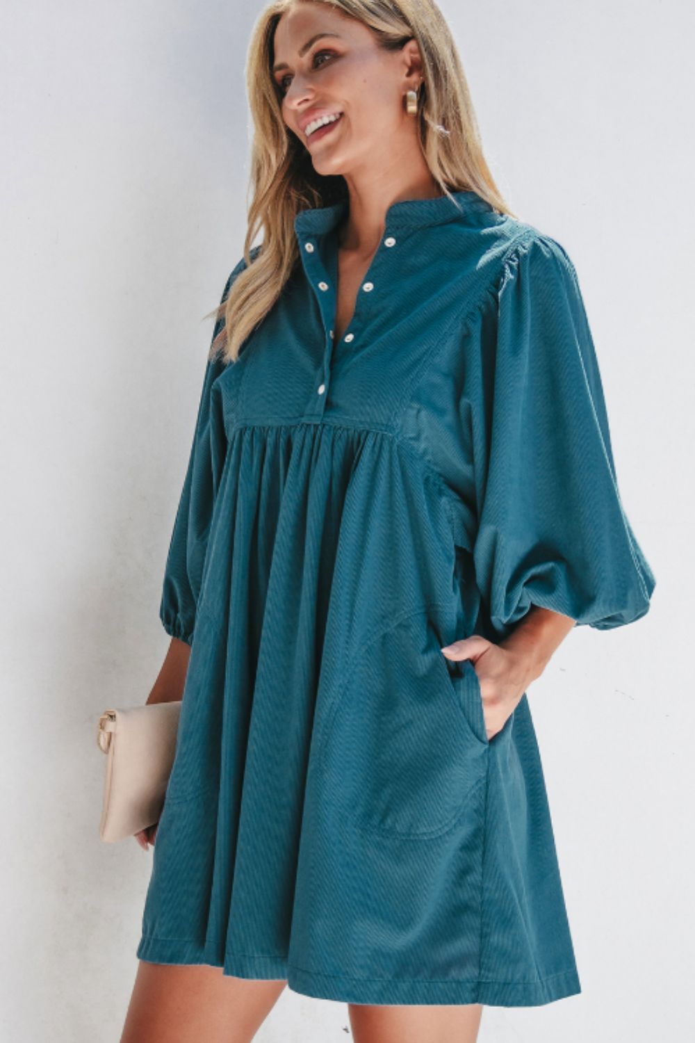 Corduroy Quarter Snap Three-Quarter Sleeve Dress-TOPS / DRESSES-[Adult]-[Female]-2022 Online Blue Zone Planet