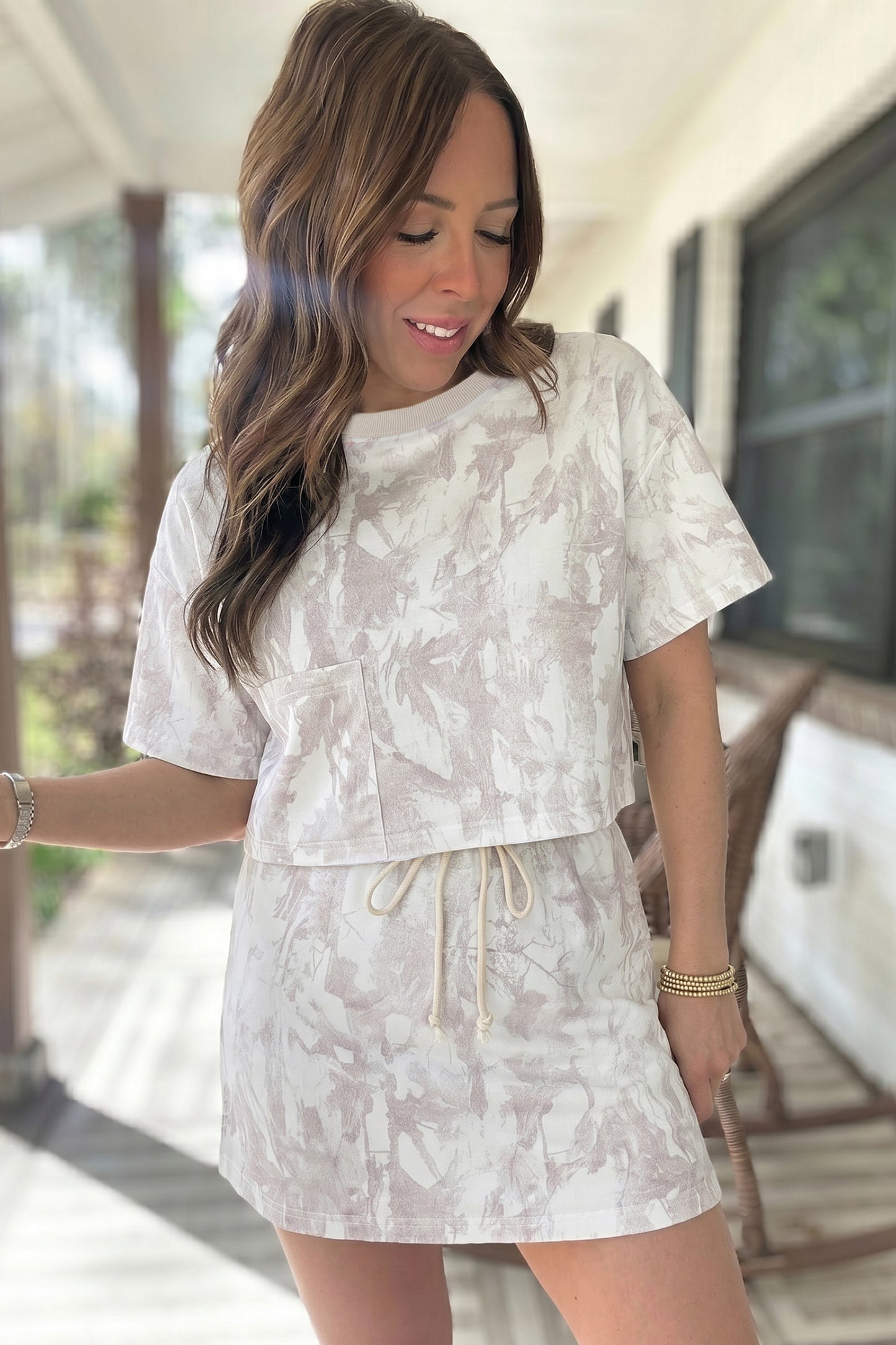 Gray Woodland Camo Print Raw Edge Cropped Top Skirt Set-Two Piece Sets/Two Piece Dresses-[Adult]-[Female]-2022 Online Blue Zone Planet
