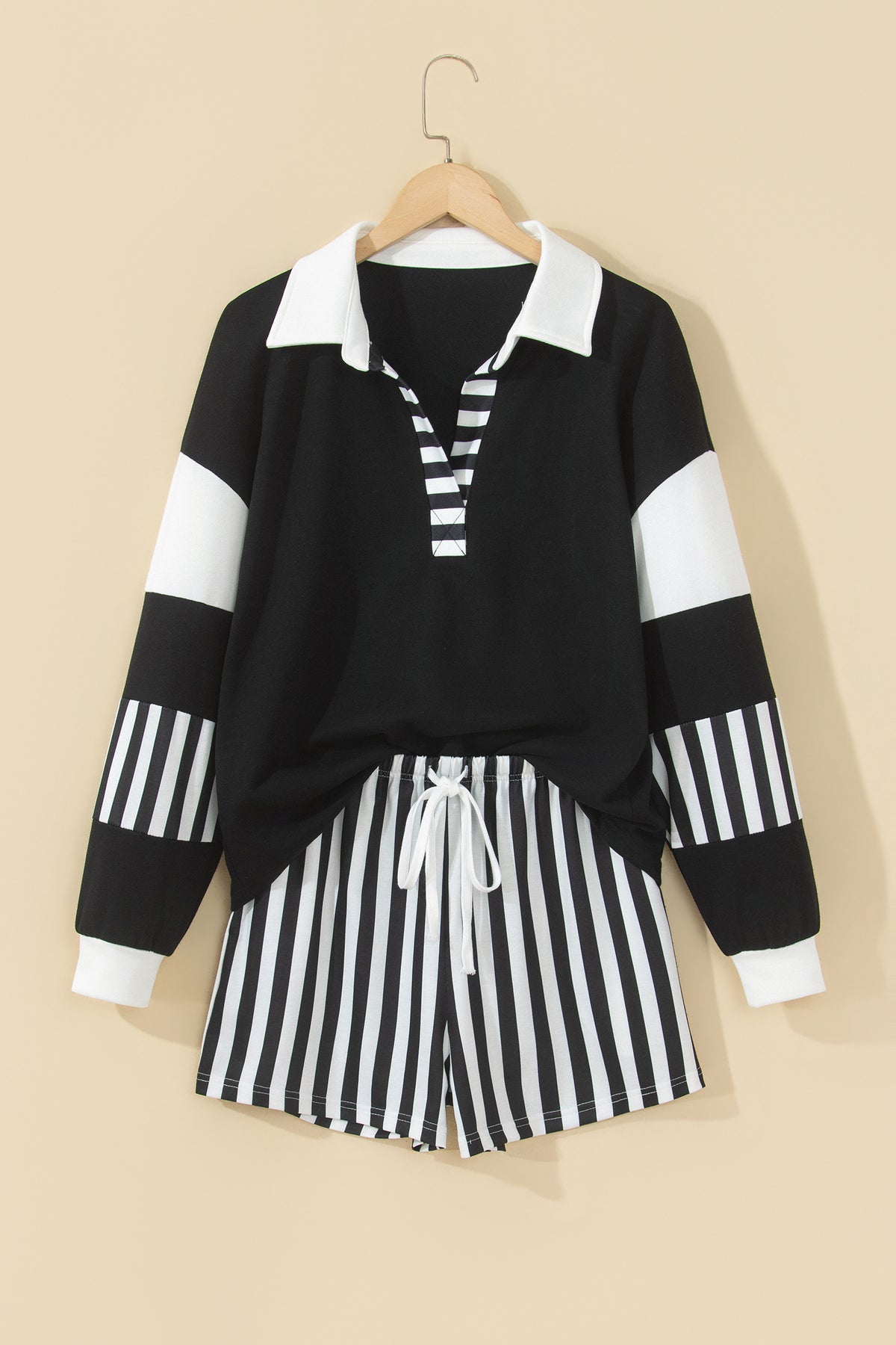 Black Striped Color Block Pullover Top Drawstring Shorts Set-Two Piece Sets/Short Sets-[Adult]-[Female]-2022 Online Blue Zone Planet