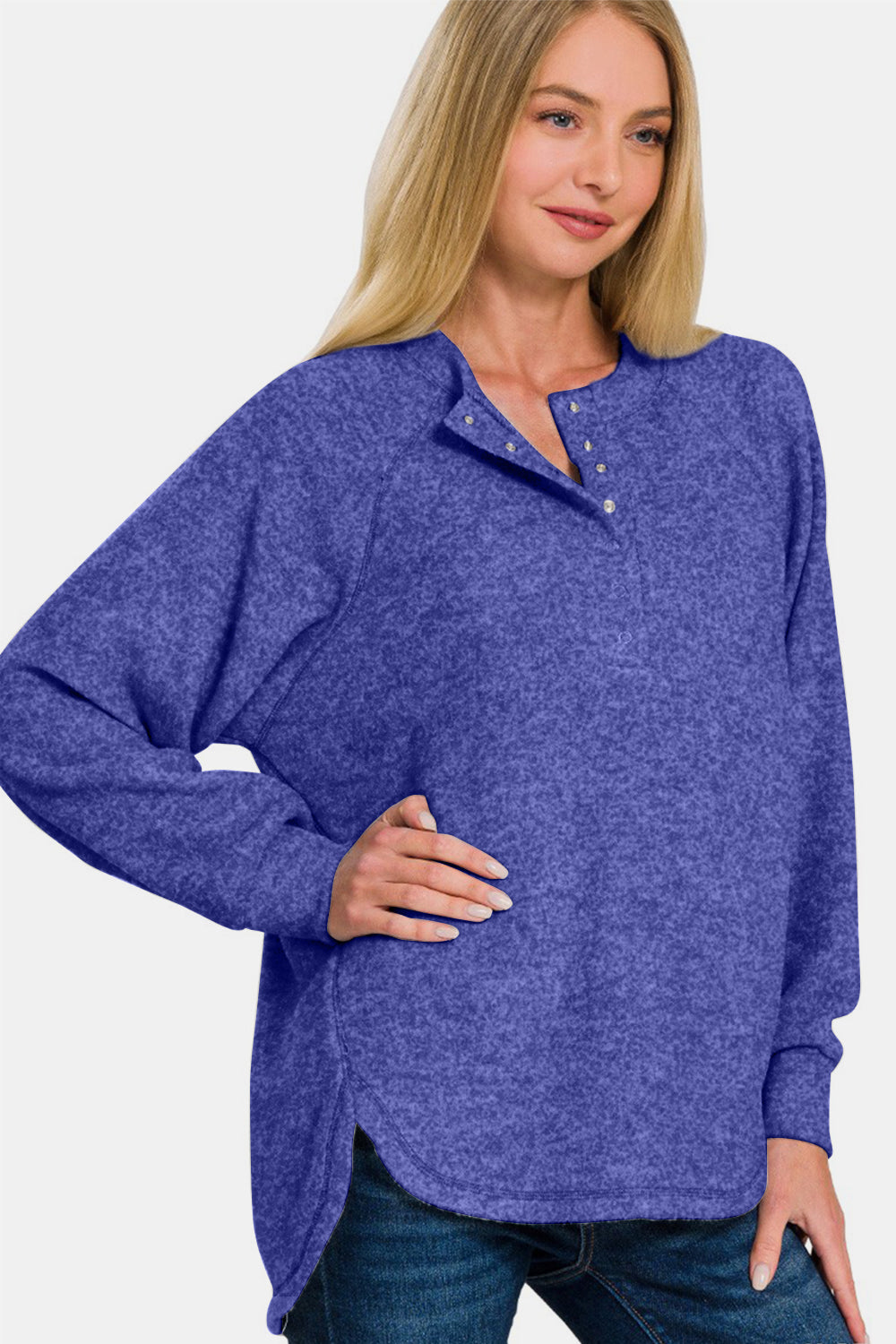 Zenana Full Size Brushed Melange Hacci High-Low Sweater-TOPS / DRESSES-[Adult]-[Female]-2022 Online Blue Zone Planet