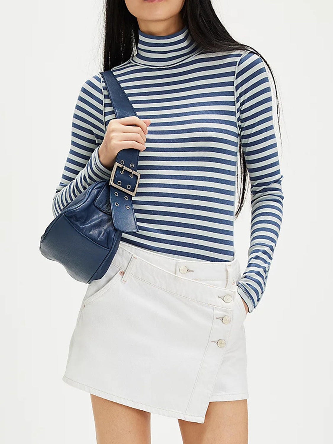 Exposed Seam Striped Turtleneck Long Sleeve T-Shirt-TOPS / DRESSES-[Adult]-[Female]-2022 Online Blue Zone Planet