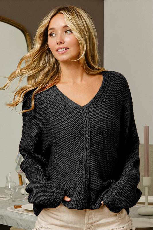 BiBi V-Neck Cable Knit Sweater-TOPS / DRESSES-[Adult]-[Female]-Black-S-2022 Online Blue Zone Planet