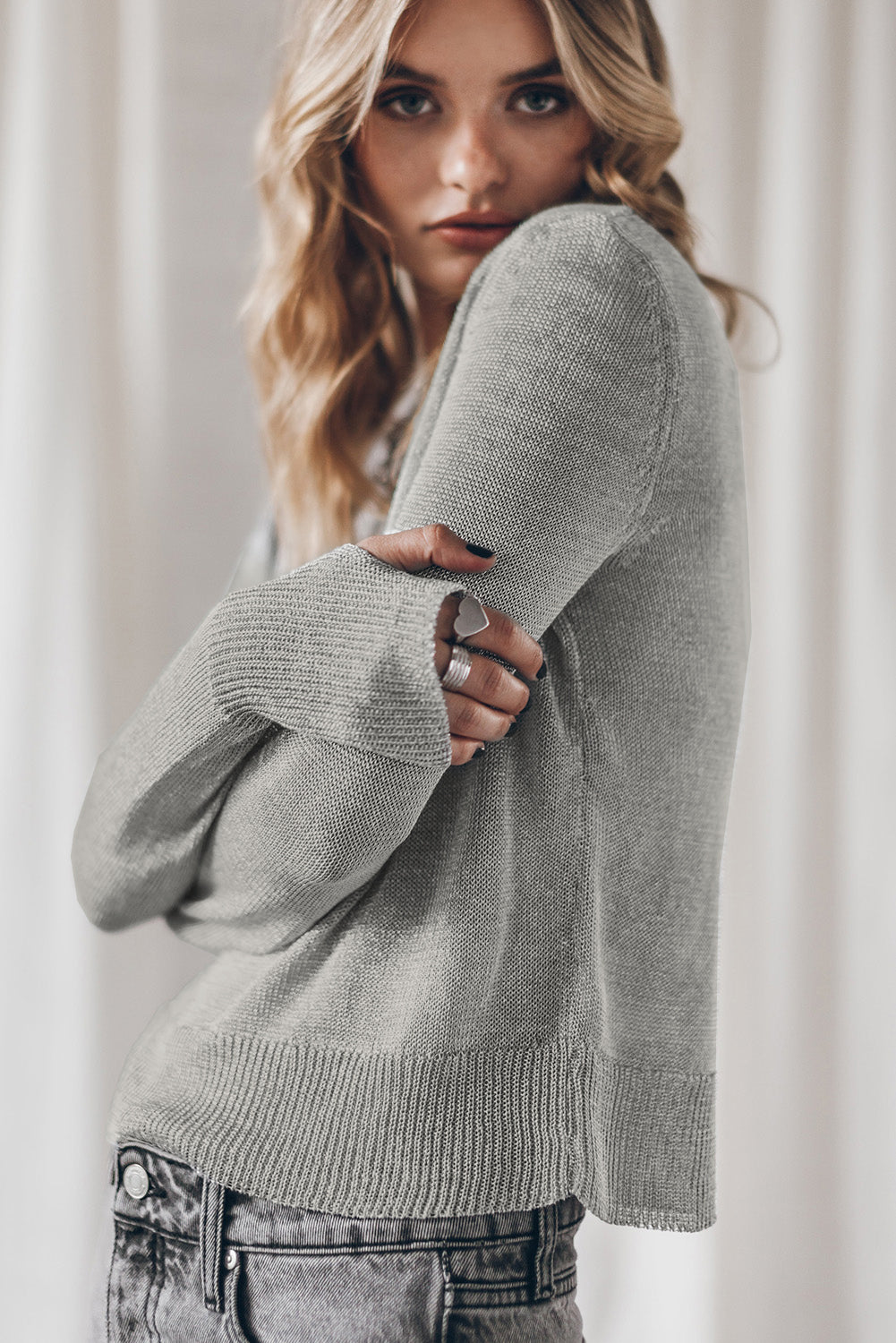 Gray Solid Color Thumbhole Sleeve Ribbed Edge Sweater-Sale (50% OFF)/30% OFF-[Adult]-[Female]-2022 Online Blue Zone Planet
