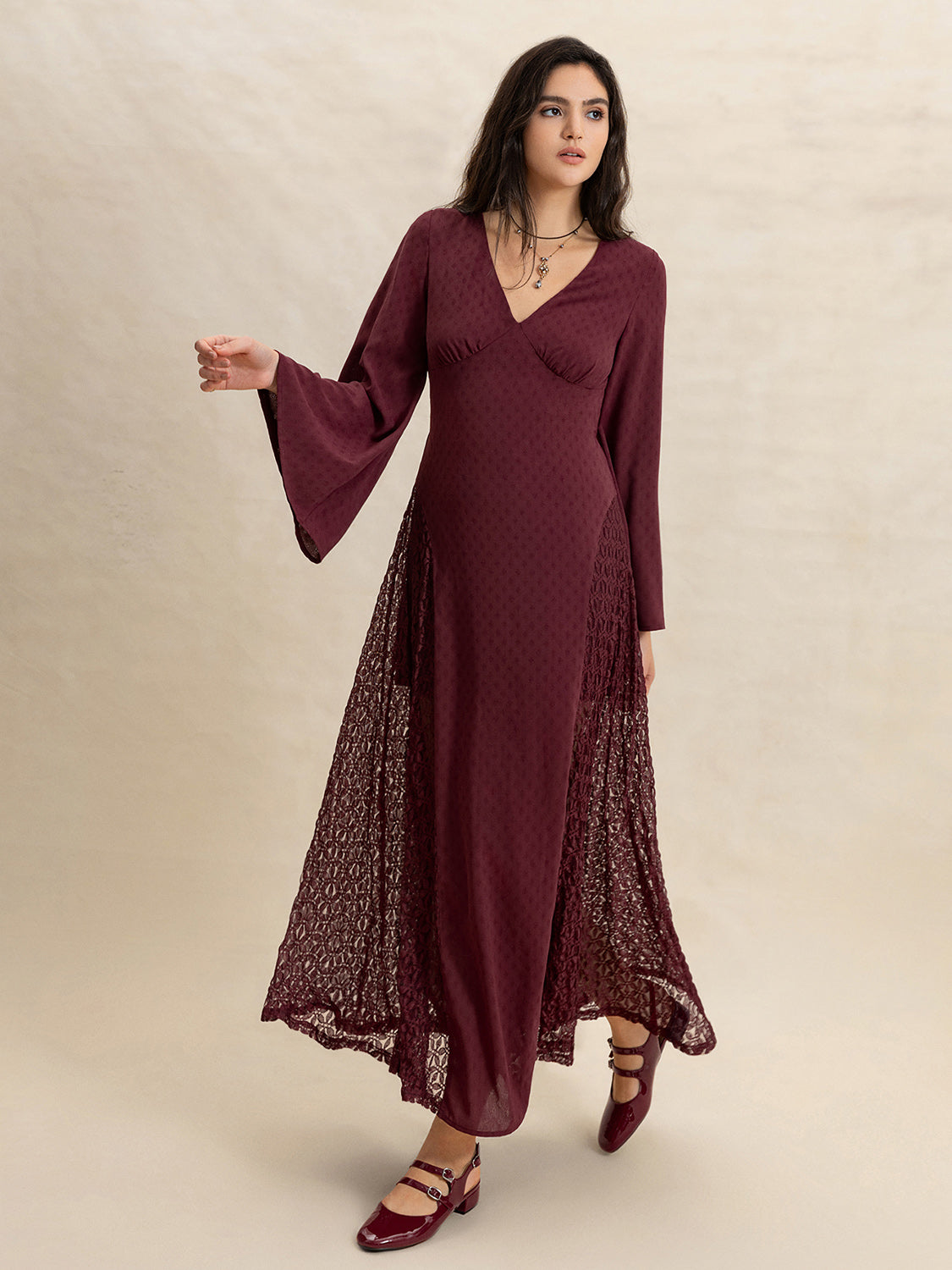 Lace Patchwork V-Neck Long Sleeve Midi Dress-TOPS / DRESSES-[Adult]-[Female]-2022 Online Blue Zone Planet