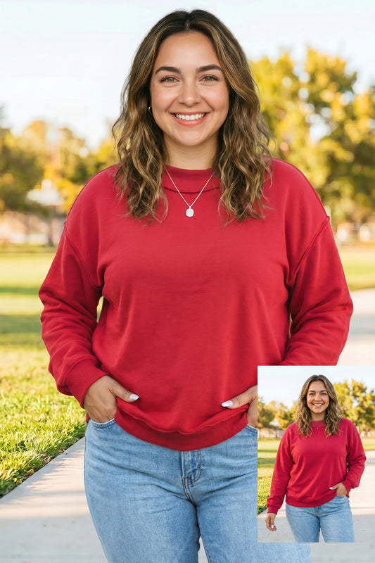 Racing Red Exposed Seam Detail Reversible Double Wear Plus Size Sweatshirt-Plus Size/Plus Size Sweatshirts & Hoodies-[Adult]-[Female]-Racing Red-1X-2022 Online Blue Zone Planet