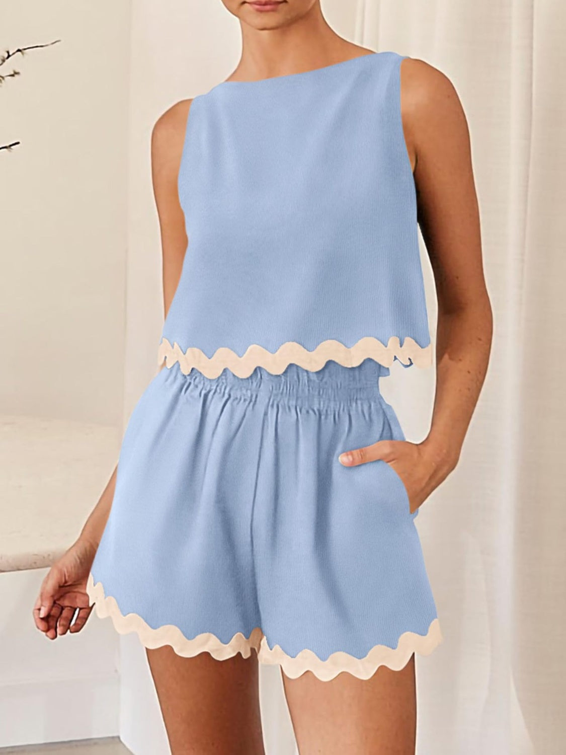 Contrast Trim Round Neck Top and Shorts Set-TOPS / DRESSES-[Adult]-[Female]-Pastel Blue-S-2022 Online Blue Zone Planet