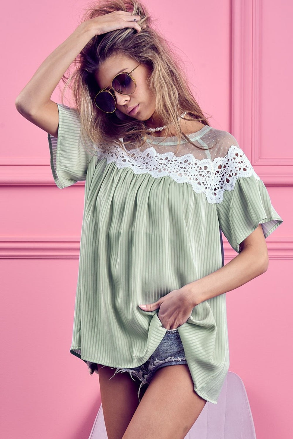 BiBi Lace Detail Short Sleeve Striped Blouse-TOPS / DRESSES-[Adult]-[Female]-2022 Online Blue Zone Planet