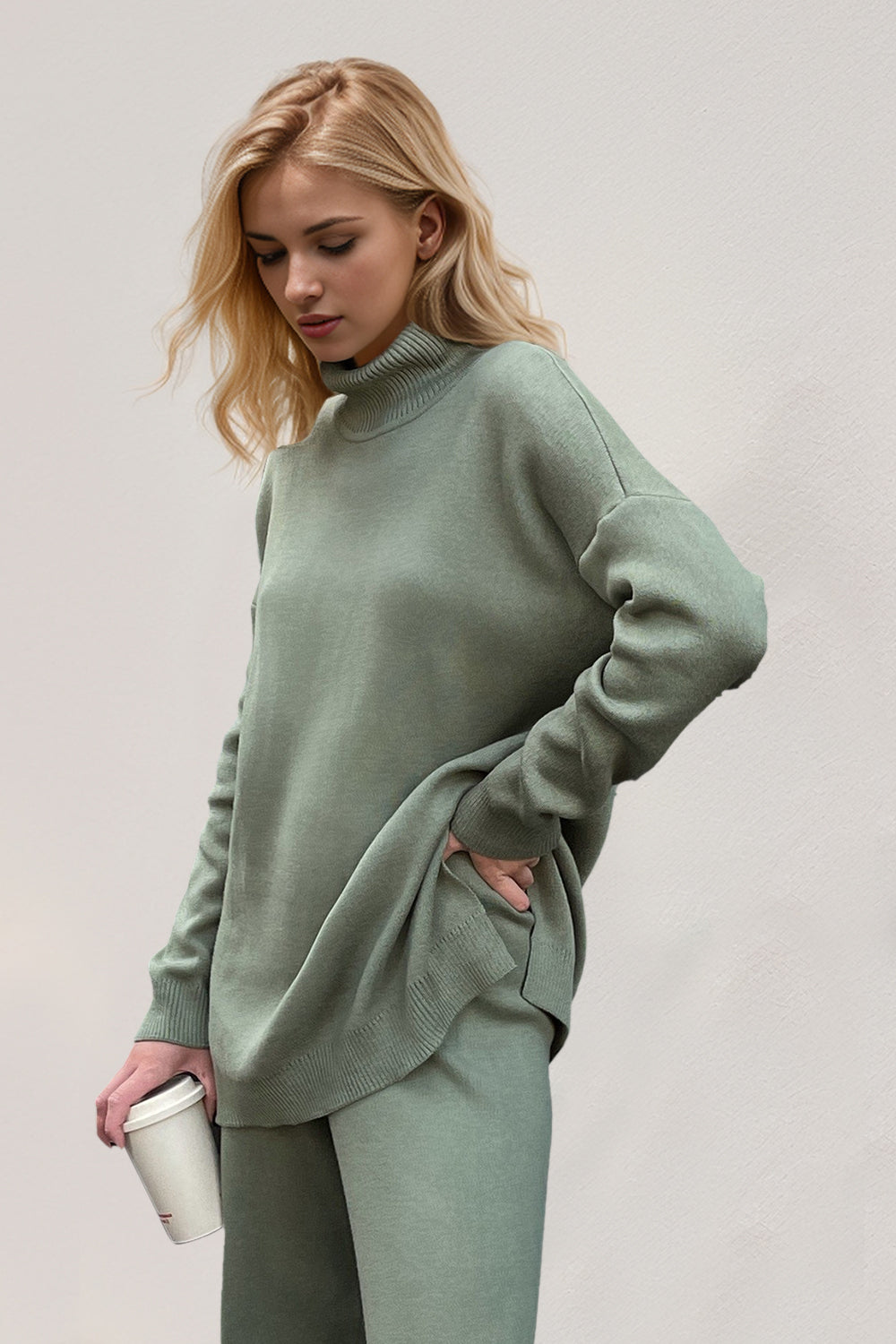 Basic Bae Side Slit Turtleneck Dropped Shoulder Sweater-TOPS / DRESSES-[Adult]-[Female]-Sage-One Size-2022 Online Blue Zone Planet