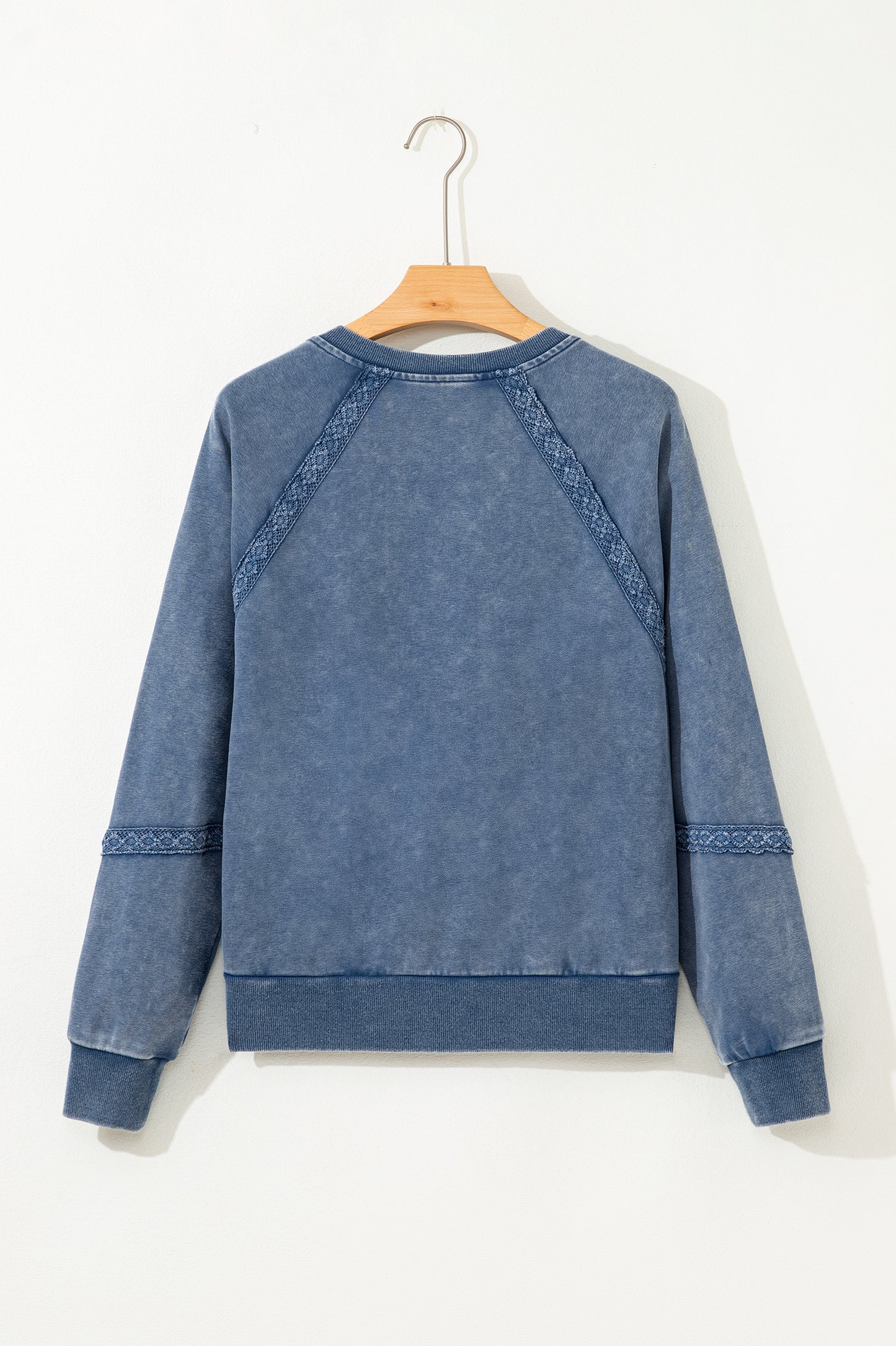 Sail Blue Lace Patchwork Detail Notched Neck Mineral Wash Baggy Sweatshirt-Tops/Sweatshirts & Hoodies-[Adult]-[Female]-2022 Online Blue Zone Planet