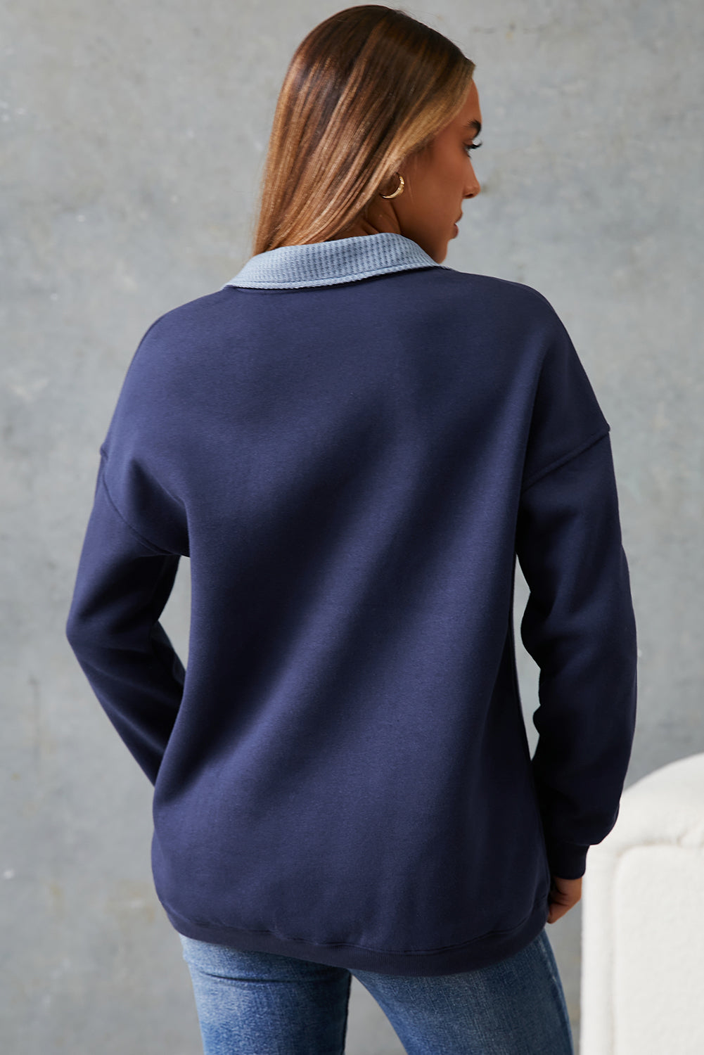 Dirty blue Drop Shoulder Metal Button Casual Pullover Sweatshirt-Tops/Sweatshirts & Hoodies-[Adult]-[Female]-2022 Online Blue Zone Planet