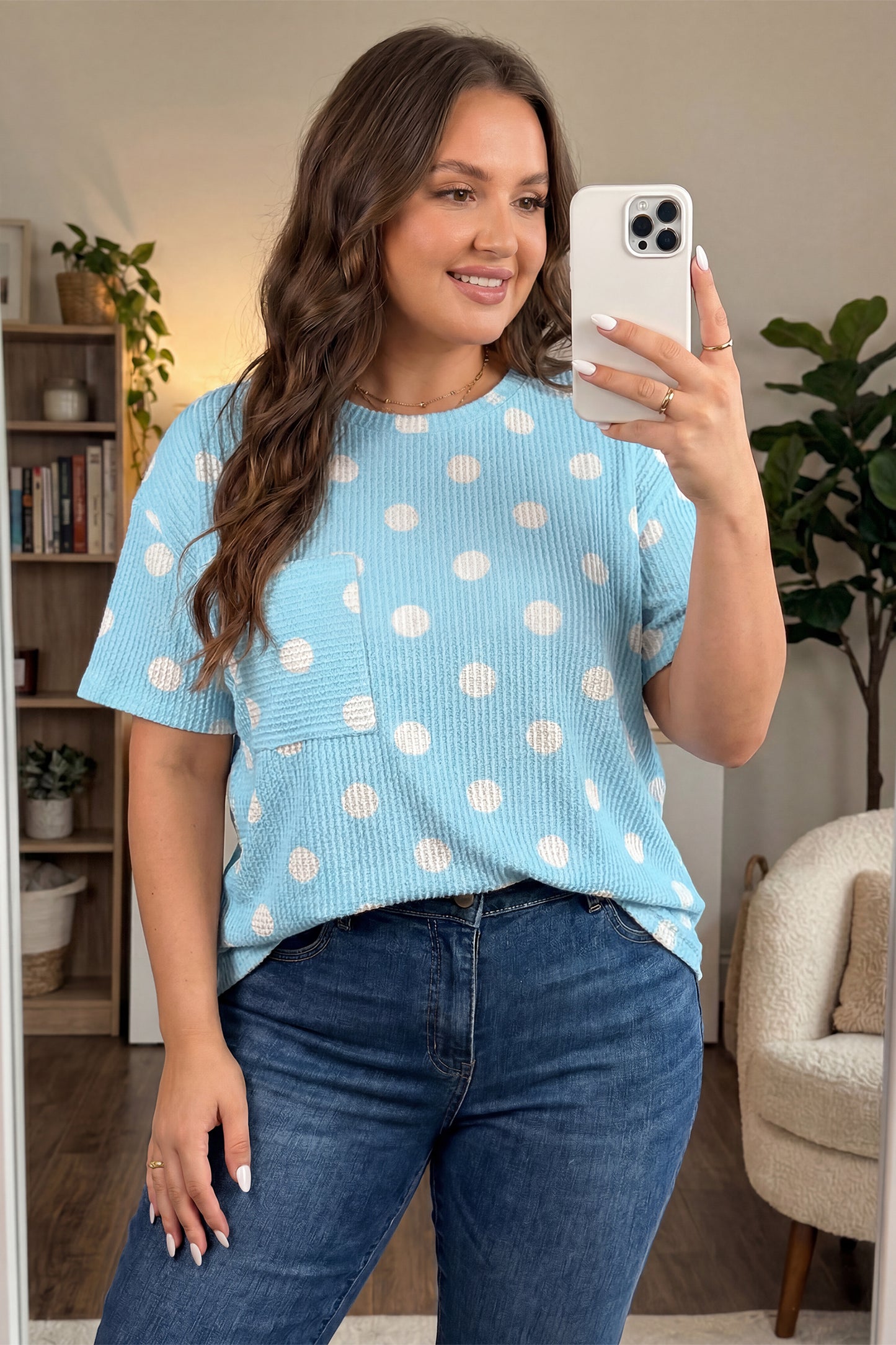 Sky Blue Twisted Rib Polka Dot Print Plus Size T Shirt-Plus Size/Plus Size Tops/Plus Size Tops & Tees-[Adult]-[Female]-2022 Online Blue Zone Planet