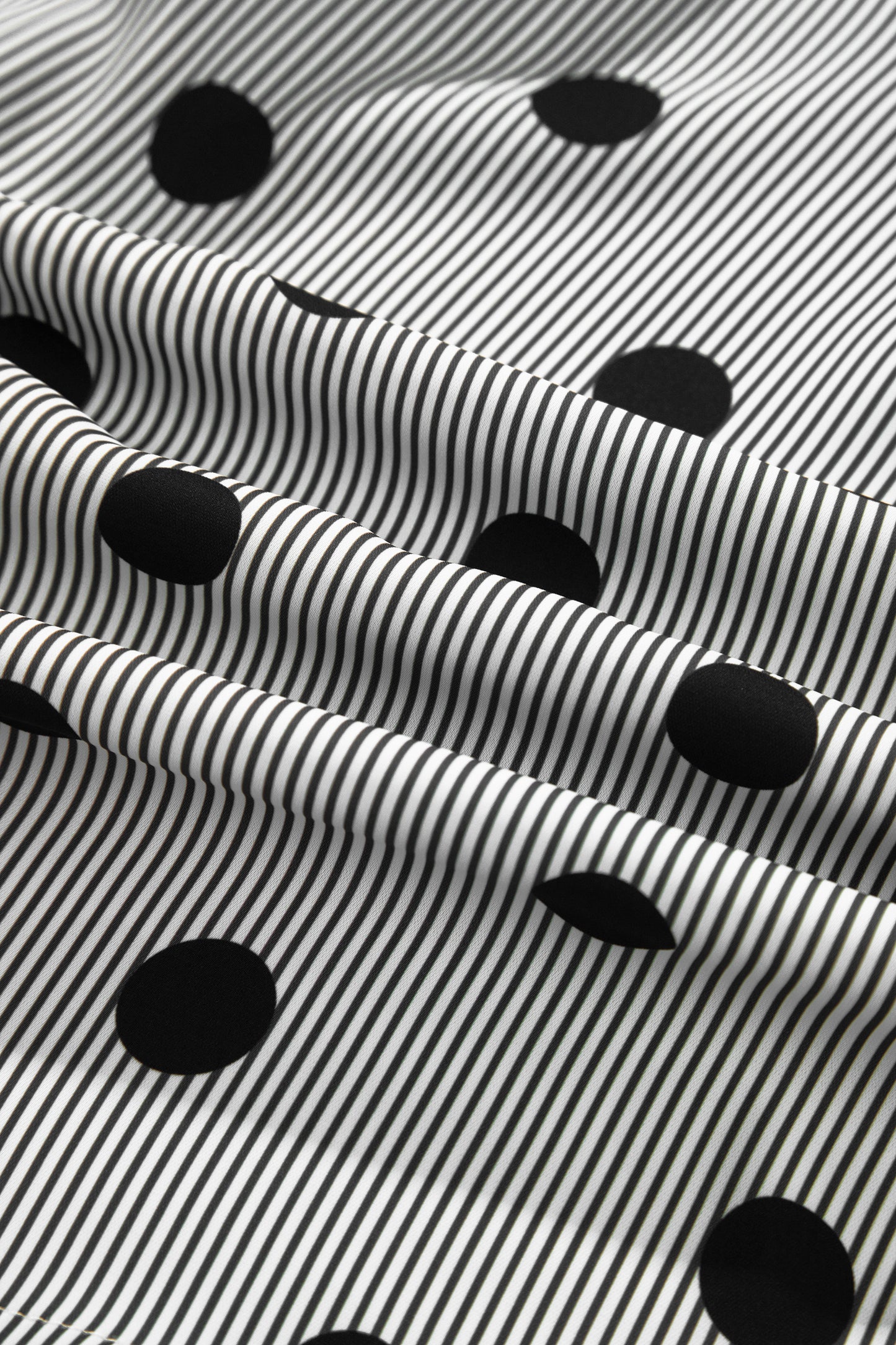 Black white Polka Dot Striped Print Ruffle Stand Neck 3/4 Sleeve Shift Shirt-Tops/Blouses & Shirts-[Adult]-[Female]-2022 Online Blue Zone Planet