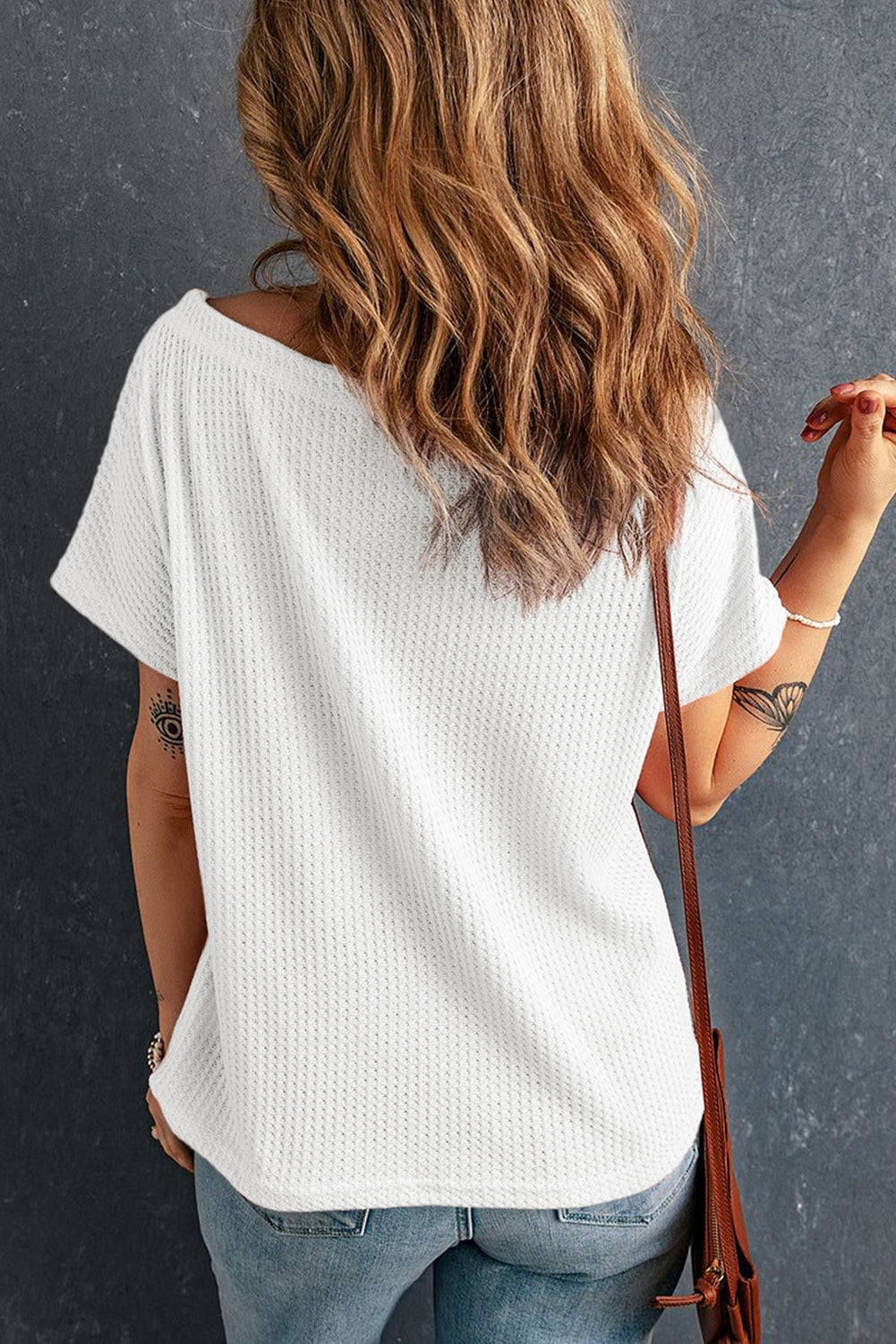 White Waffle Knit Boat Neck Short Sleeve Top-Tops/Tops & Tees-[Adult]-[Female]-2022 Online Blue Zone Planet