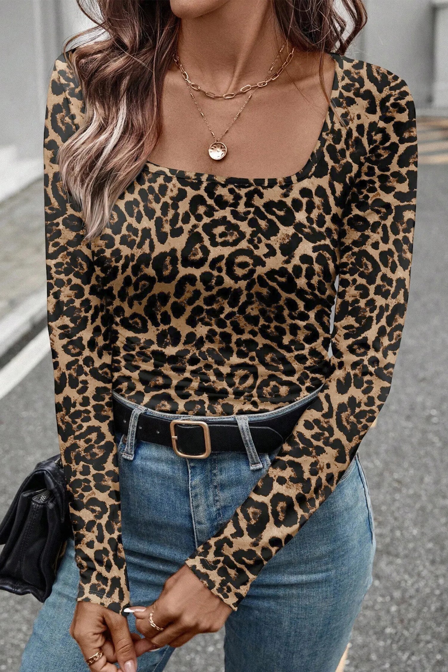 Desiree's Brown Leopard Print Slim Long Sleeve T Shirt-Tops/Long Sleeve Tops-[Adult]-[Female]-2022 Online Blue Zone Planet