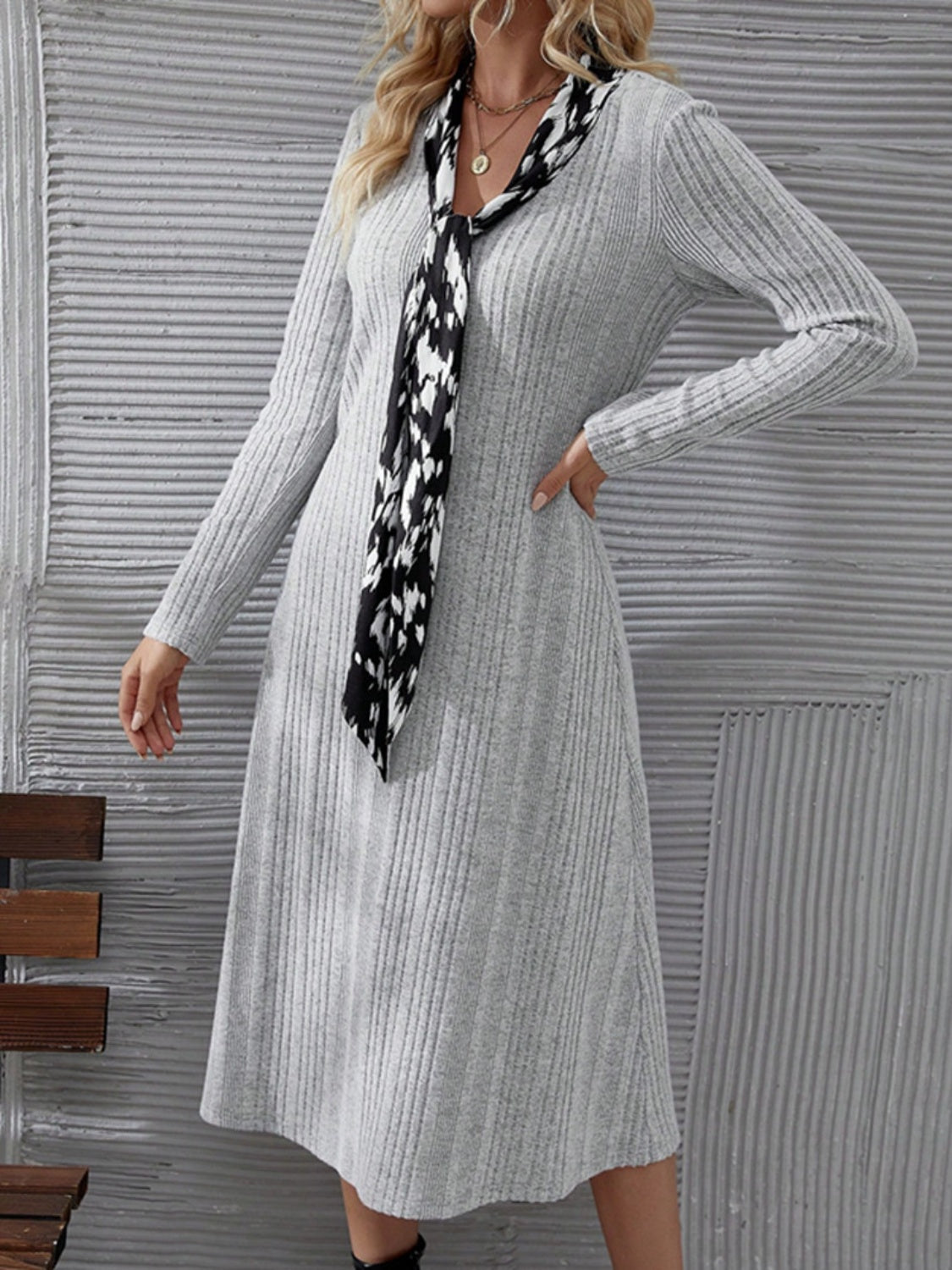 V-Neck Long Sleeve Midi Dress-TOPS / DRESSES-[Adult]-[Female]-2022 Online Blue Zone Planet