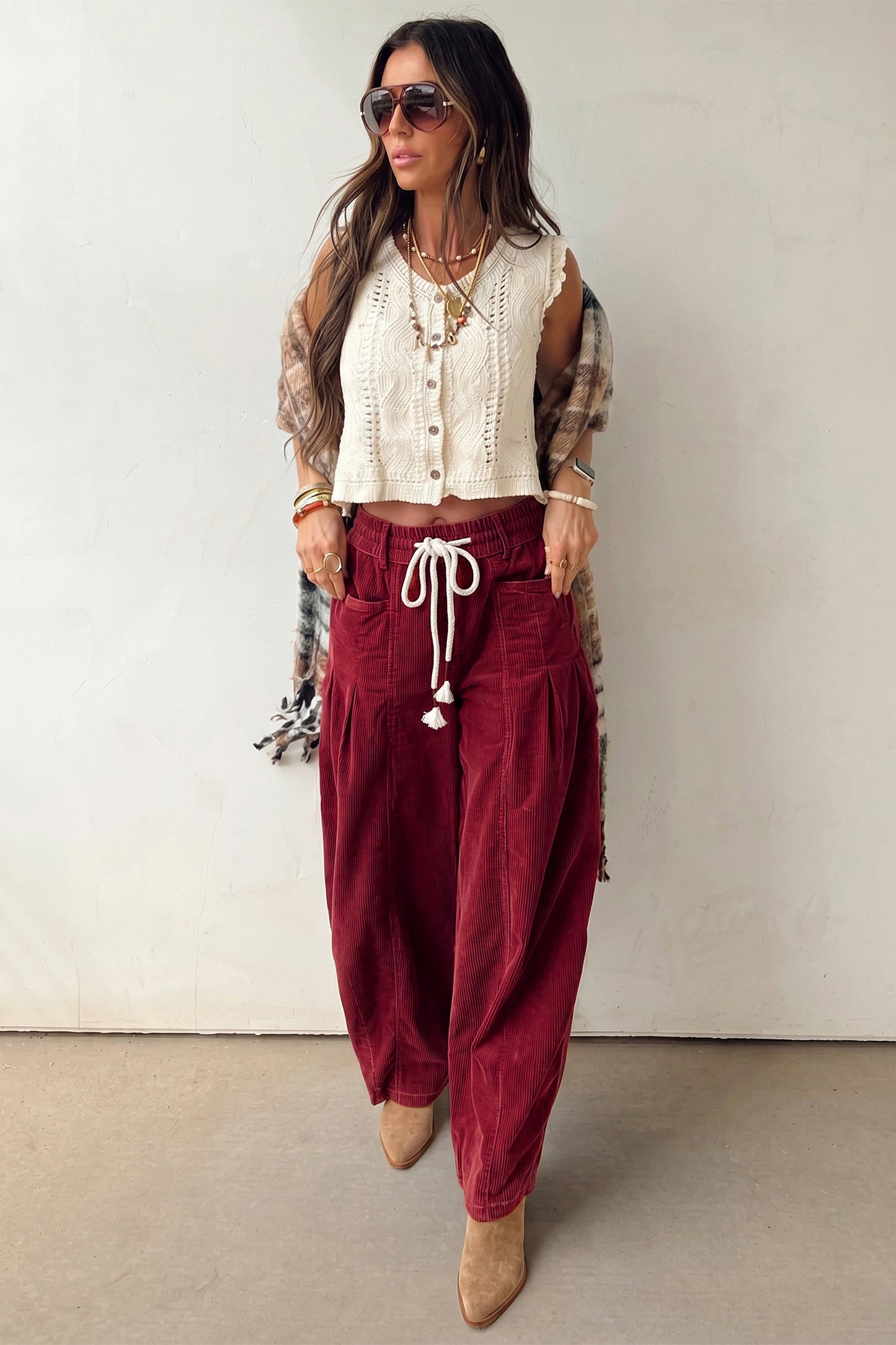 Racing Red Elastic Waist Drawstring Corduroy Casual Pants-Bottoms/Pants & Culotte-[Adult]-[Female]-2022 Online Blue Zone Planet