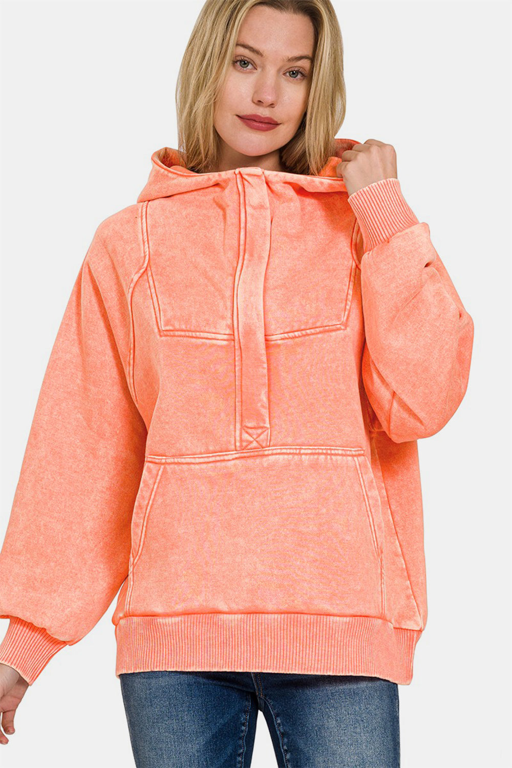 Blue Zone Planet | Zenana Acid Wash Fleece Kangaroo Hoodie-TOPS / DRESSES-[Adult]-[Female]-Coral-S-2022 Online Blue Zone Planet