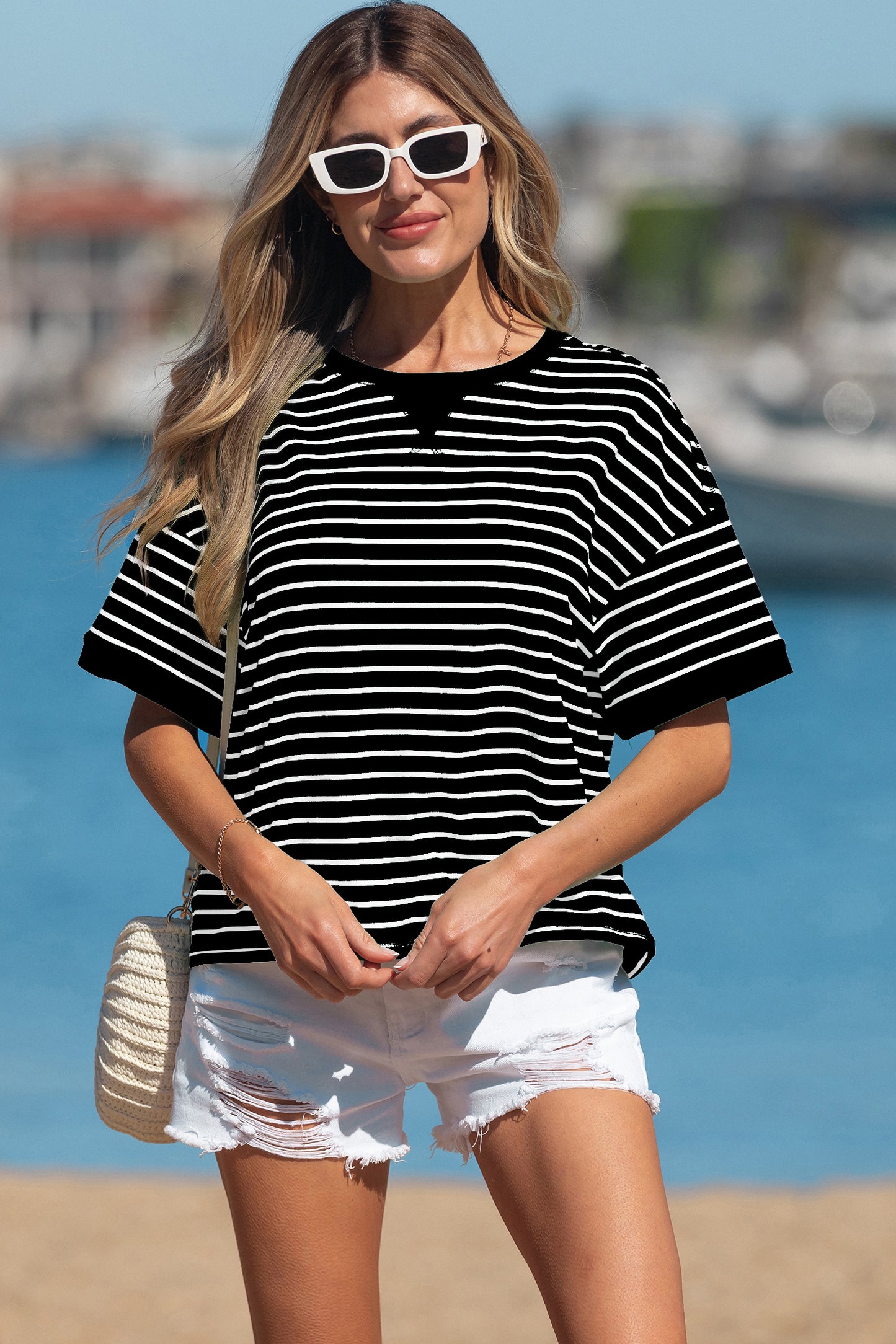 Green Stripe Ribbed Patchwork Seam Detail Half Sleeve Tee-Tops/Tops & Tees-[Adult]-[Female]-2022 Online Blue Zone Planet