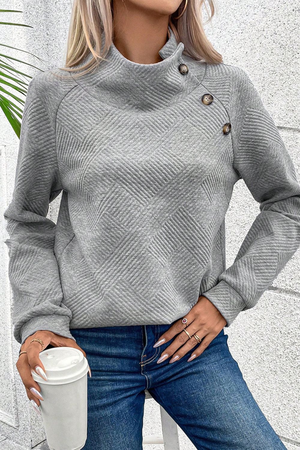 Textured Turtleneck Long Sleeve Sweatshirt-TOPS / DRESSES-[Adult]-[Female]-Gray-S-2022 Online Blue Zone Planet