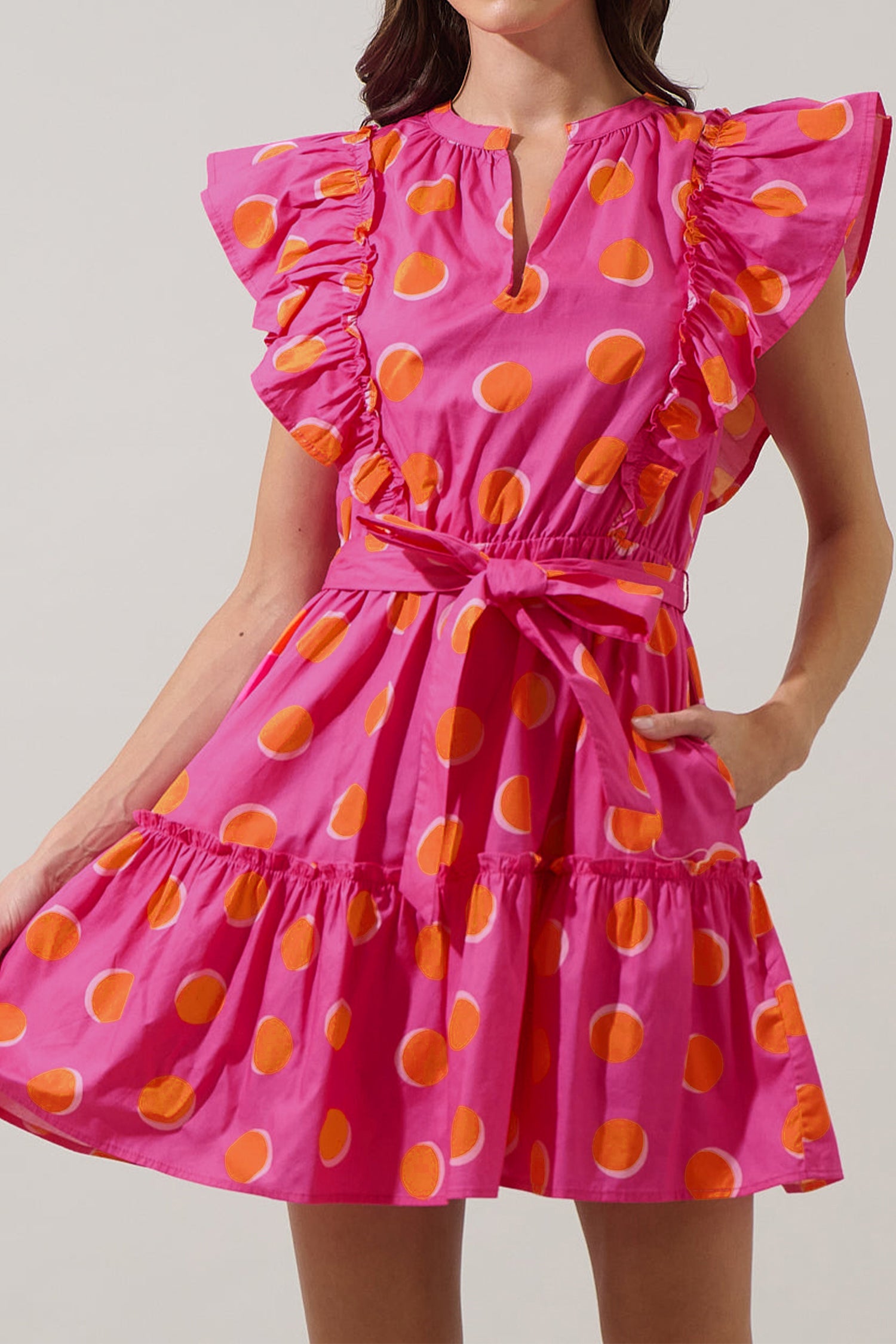 Rose Double Polka Dot V Neck Ruffled Short Sleeve Dress-Dresses/Mini Dresses-[Adult]-[Female]-2022 Online Blue Zone Planet
