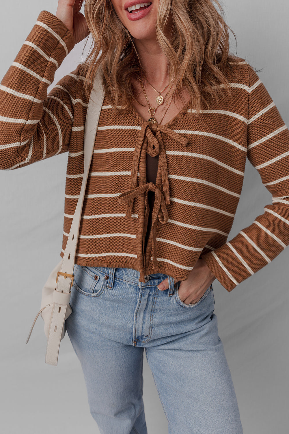 Chestnut Tie Front Striped Knit V Neck Cardigan Sweater-Sweaters & Cardigans/Cardigans-[Adult]-[Female]-2022 Online Blue Zone Planet