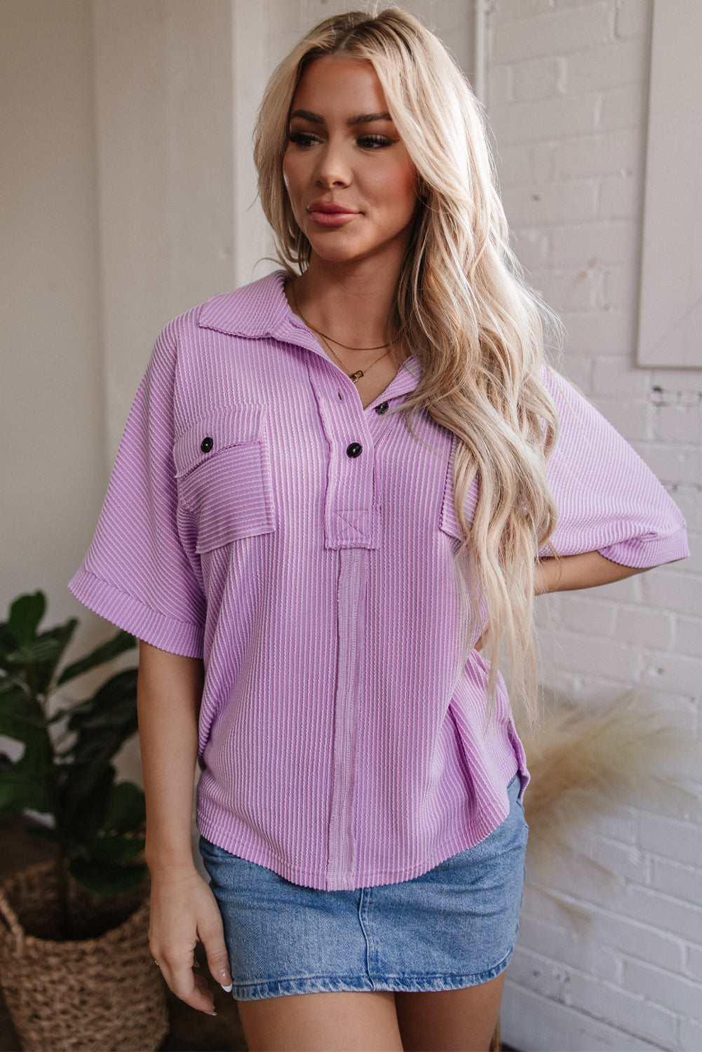 Orchid Bouquet Corded Flap Pocket Collared Buttoned Short Sleeve Blouse-Tops/Blouses & Shirts-[Adult]-[Female]-2022 Online Blue Zone Planet