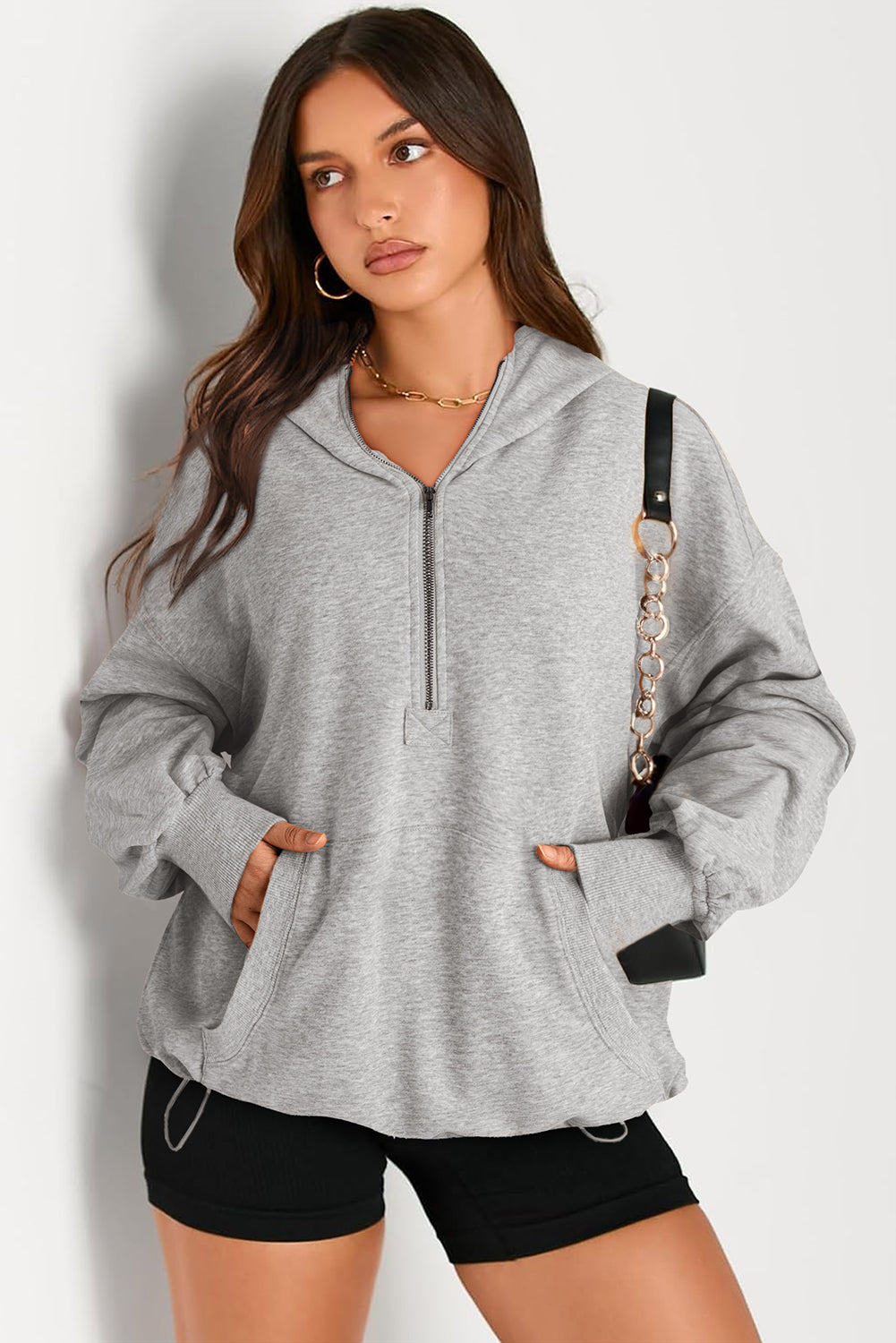 Pocketed Half Zip Long Sleeve Hoodie-HOODIES-[Adult]-[Female]-2022 Online Blue Zone Planet