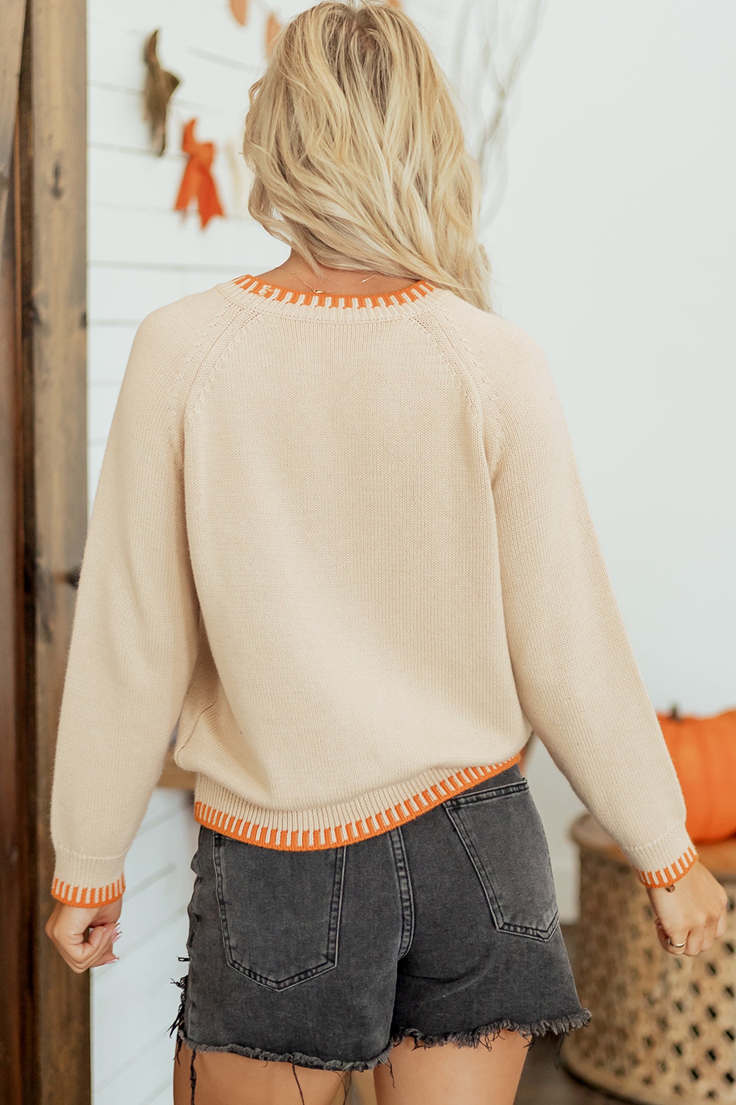 Parchment Floral Embroidery Pumpkin Long Sleeve Round Neck Sweater-Sweaters & Cardigans/Sweaters-[Adult]-[Female]-2022 Online Blue Zone Planet