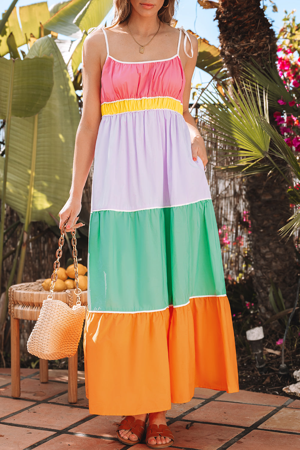 Multicolour Colorblock Self-tie Straps High Waist Flowy Maxi Dress with Pockets-Dresses/Maxi Dresses-[Adult]-[Female]-2022 Online Blue Zone Planet