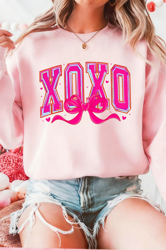 Pink XOXO Valentines Day Heart Ribbon Bow Printed Pullover Sweatshirt-Graphic Sweatshirts-[Adult]-[Female]-Pink-2XL-2022 Online Blue Zone Planet