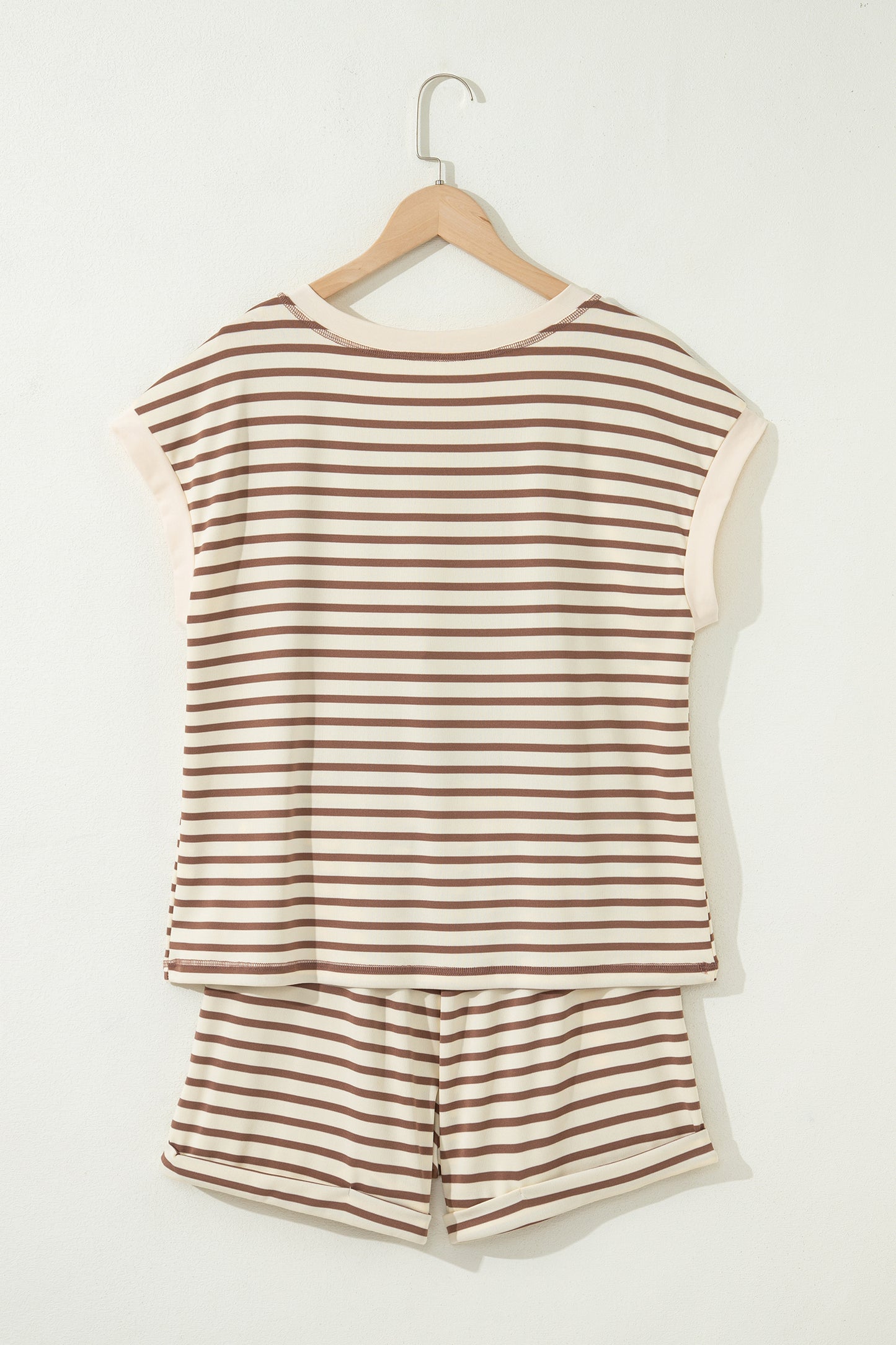 Brown Stripe Half Buttons Top and Shorts Set-Two Piece Sets/Short Sets-[Adult]-[Female]-2022 Online Blue Zone Planet
