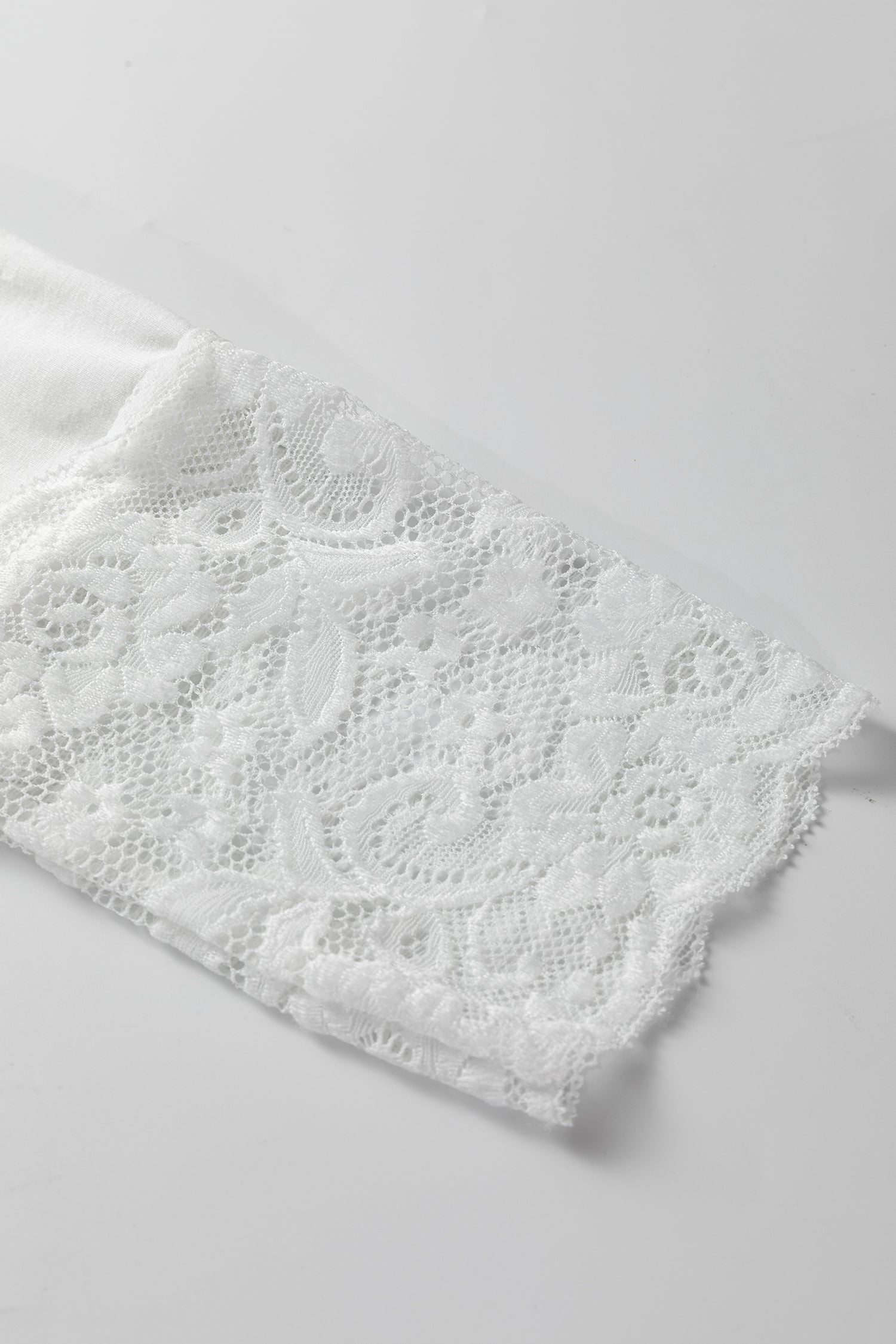 White Lace Trim V Neck Cuffed Long Sleeve Loose Top-Tops/Long Sleeve Tops-[Adult]-[Female]-2022 Online Blue Zone Planet