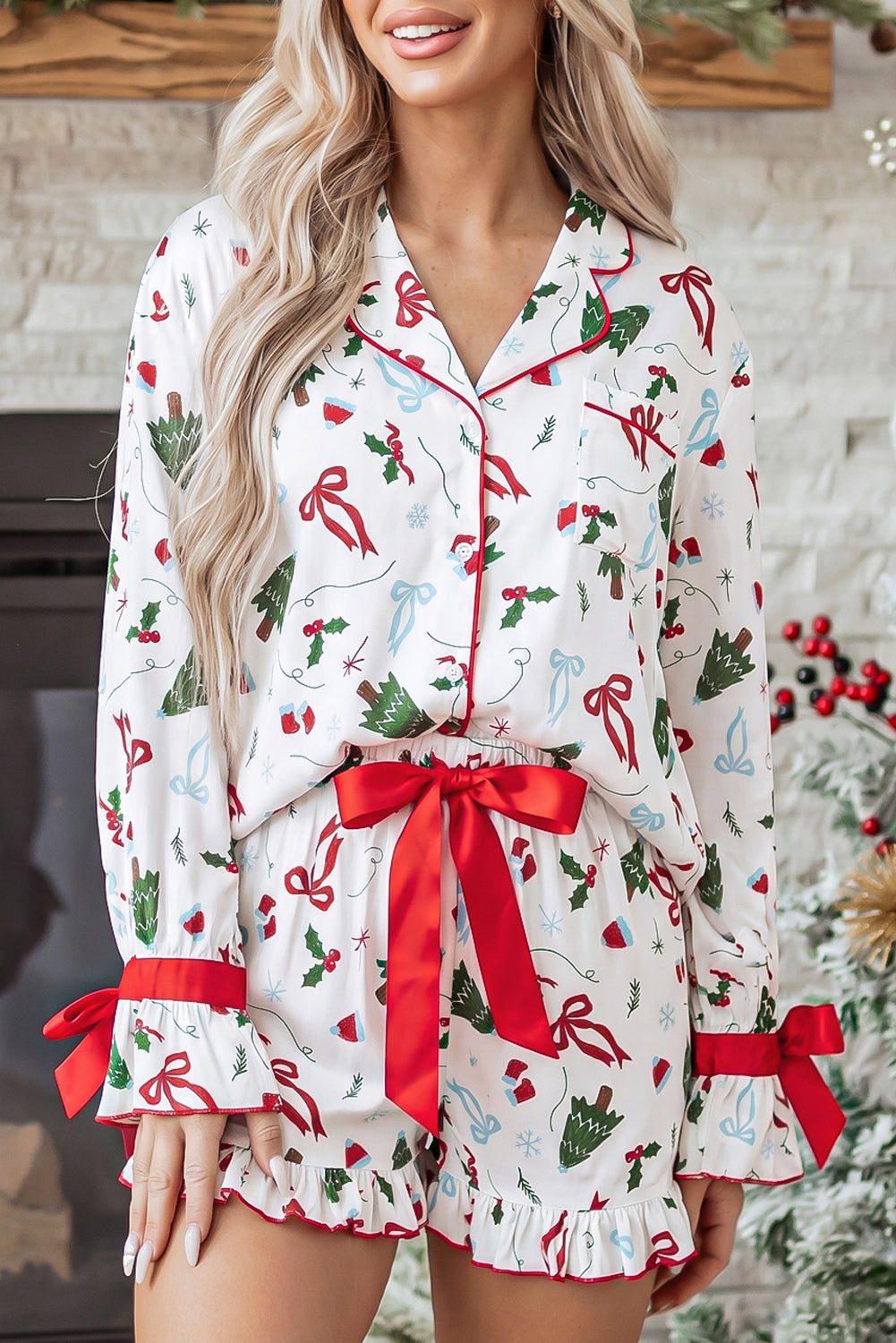 White Christmas Print Ruffle Cuff Long Sleeve Lounge Set-Loungewear & Sleepwear/Loungewear-[Adult]-[Female]-2022 Online Blue Zone Planet