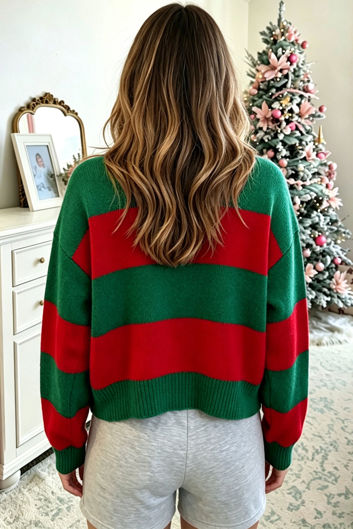 Green Stripe Festive Holly Jolly Sequin Christmas Holiday Sweater-TOPS / DRESSES-[Adult]-[Female]-2022 Online Blue Zone Planet