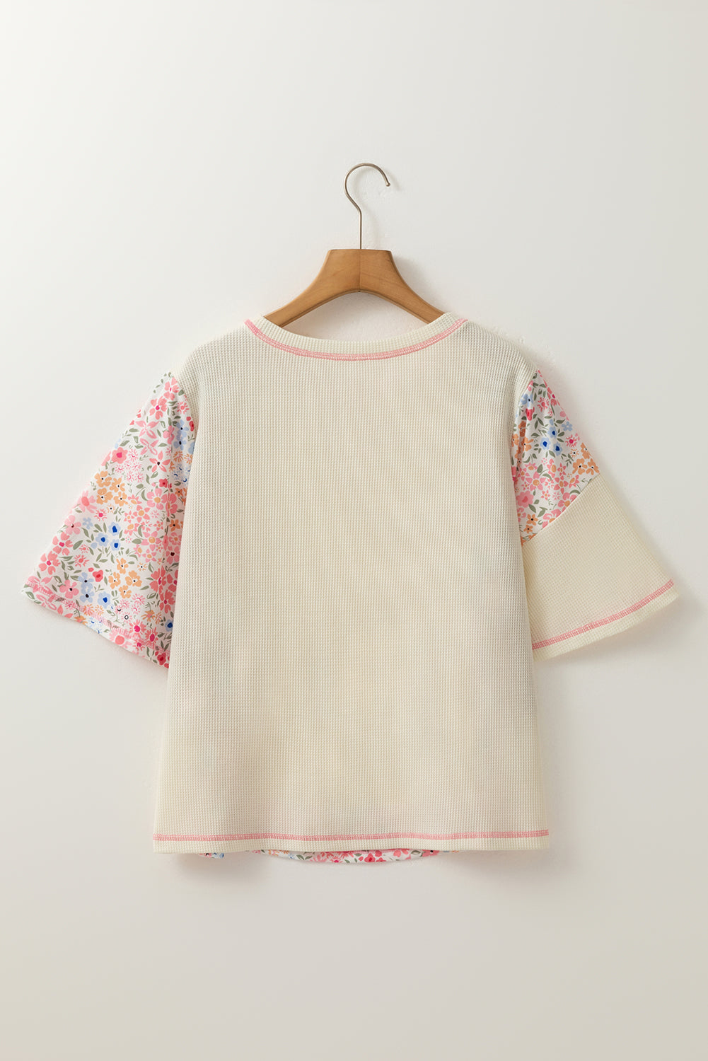 Beige Floral Patchwork Chest Pocket Wide Sleeve Waffle T Shirt-Tops/Tops & Tees-[Adult]-[Female]-2022 Online Blue Zone Planet