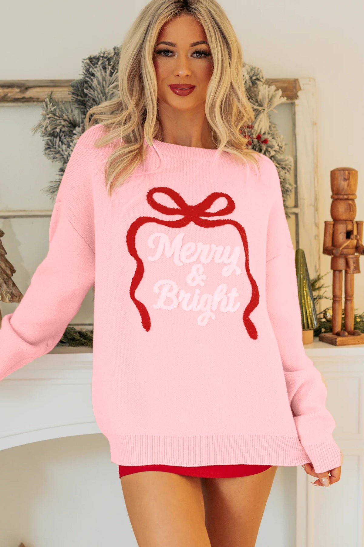 Gossamer Pink Drop Shoulder Round Neck Towel Embroidery Slogan Pullover Sweater-TOPS / DRESSES-[Adult]-[Female]-2022 Online Blue Zone Planet